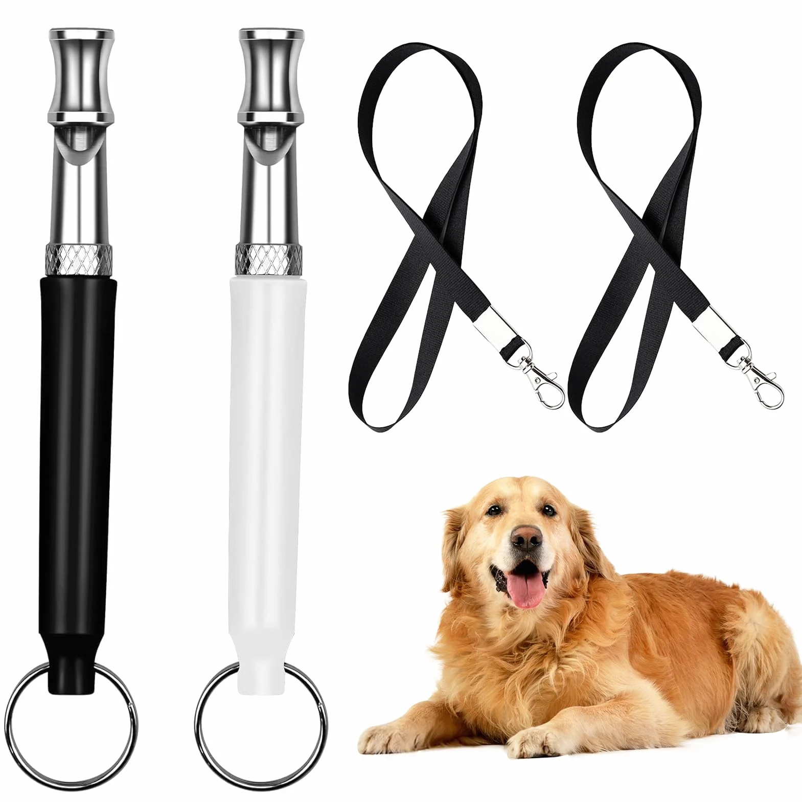 Sifflet Chien Ultrason Anti Aboiement Dressage Rappel avec Lanières, Fréquence Réglable, Silencieux, Noir et Blanc