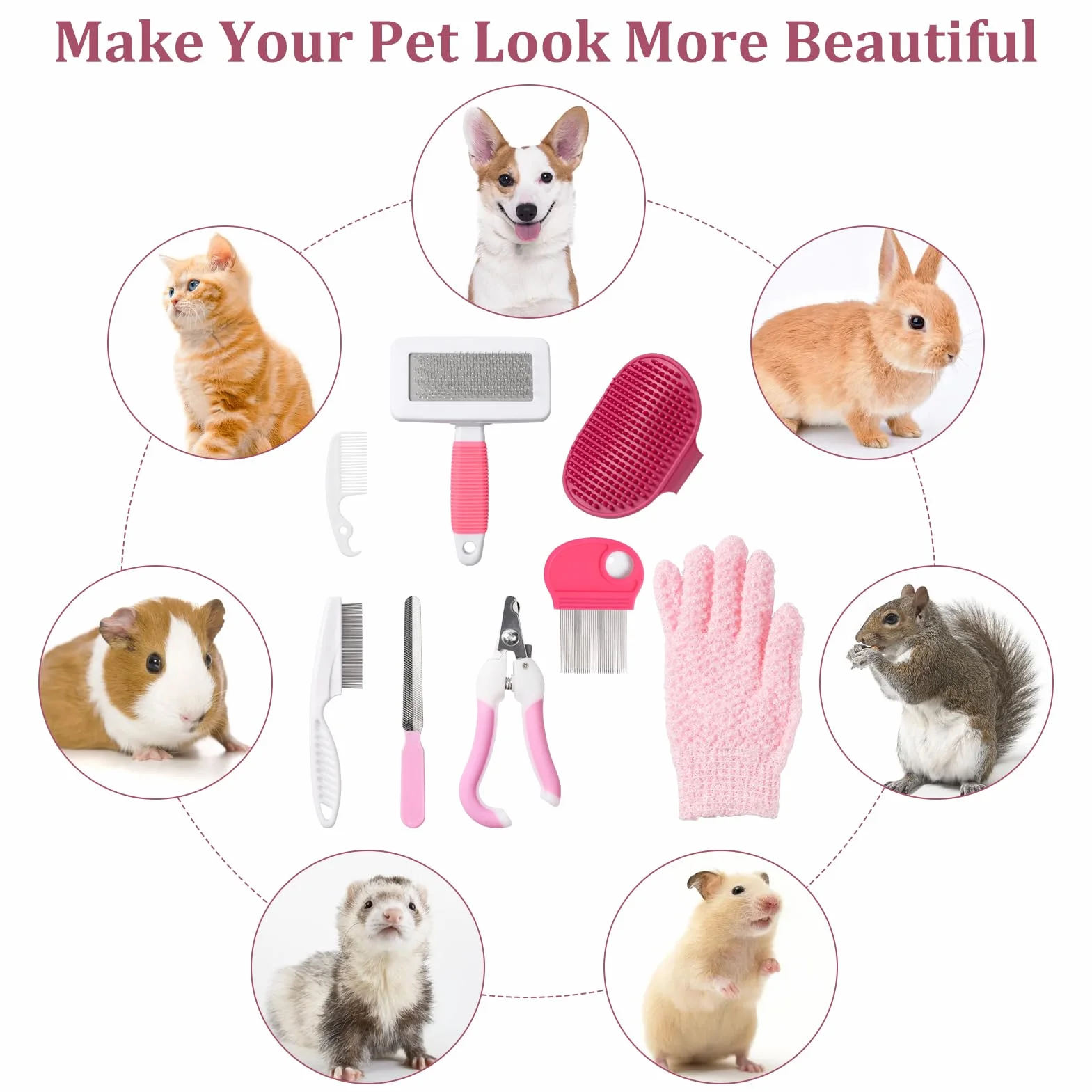 Kit de Toilettage pour Lapin 8 Pièces avec Coupe-ongles, Lime, Peigne à Puces, Gant de Bain, Brosse