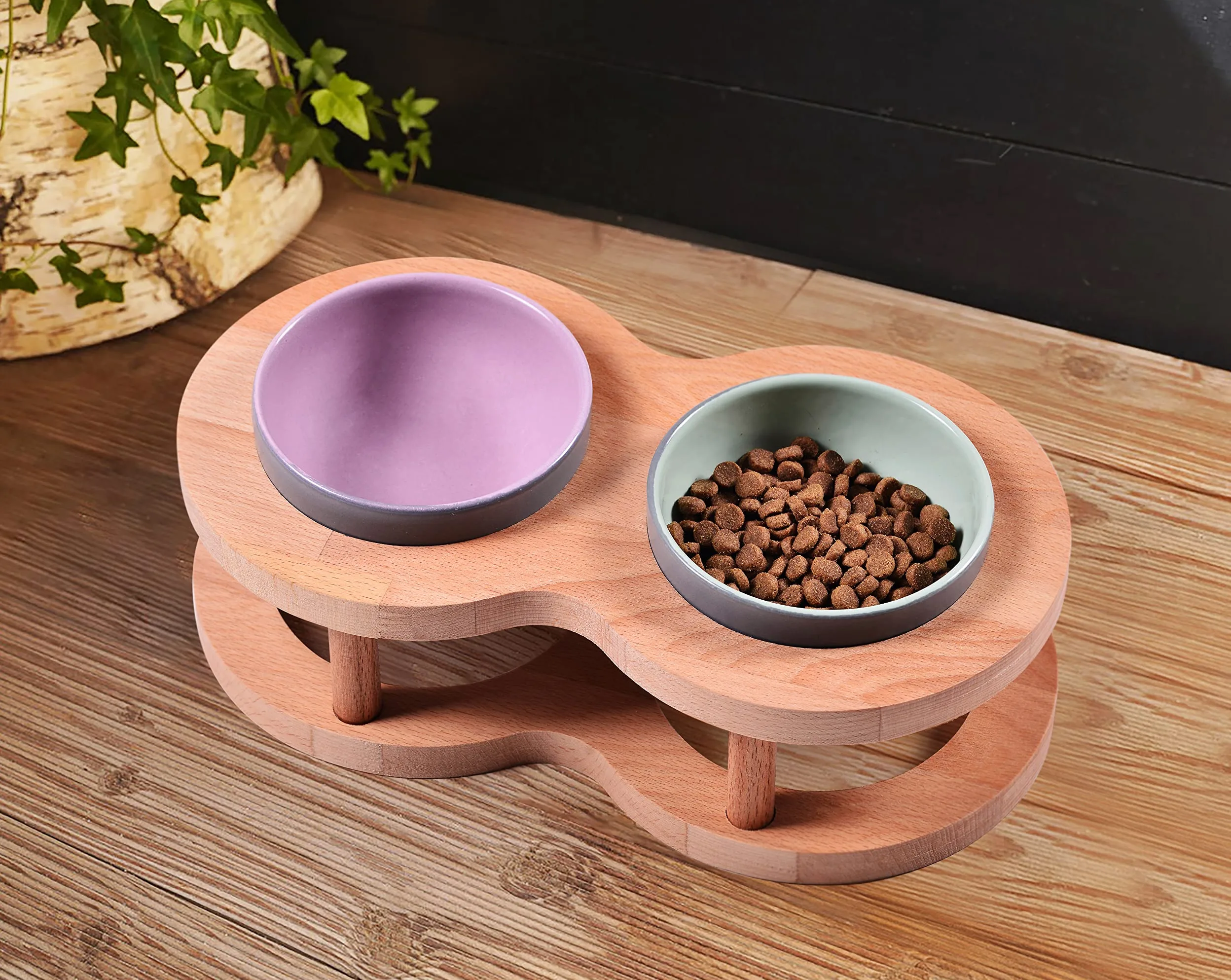 Lot de 2 gamelles en céramique avec support en bois pour chien et chat - Sans déversement - Pour nourriture et eau - Pour chats et petits chiens - Table à manger - Style clôture - Double gamelle