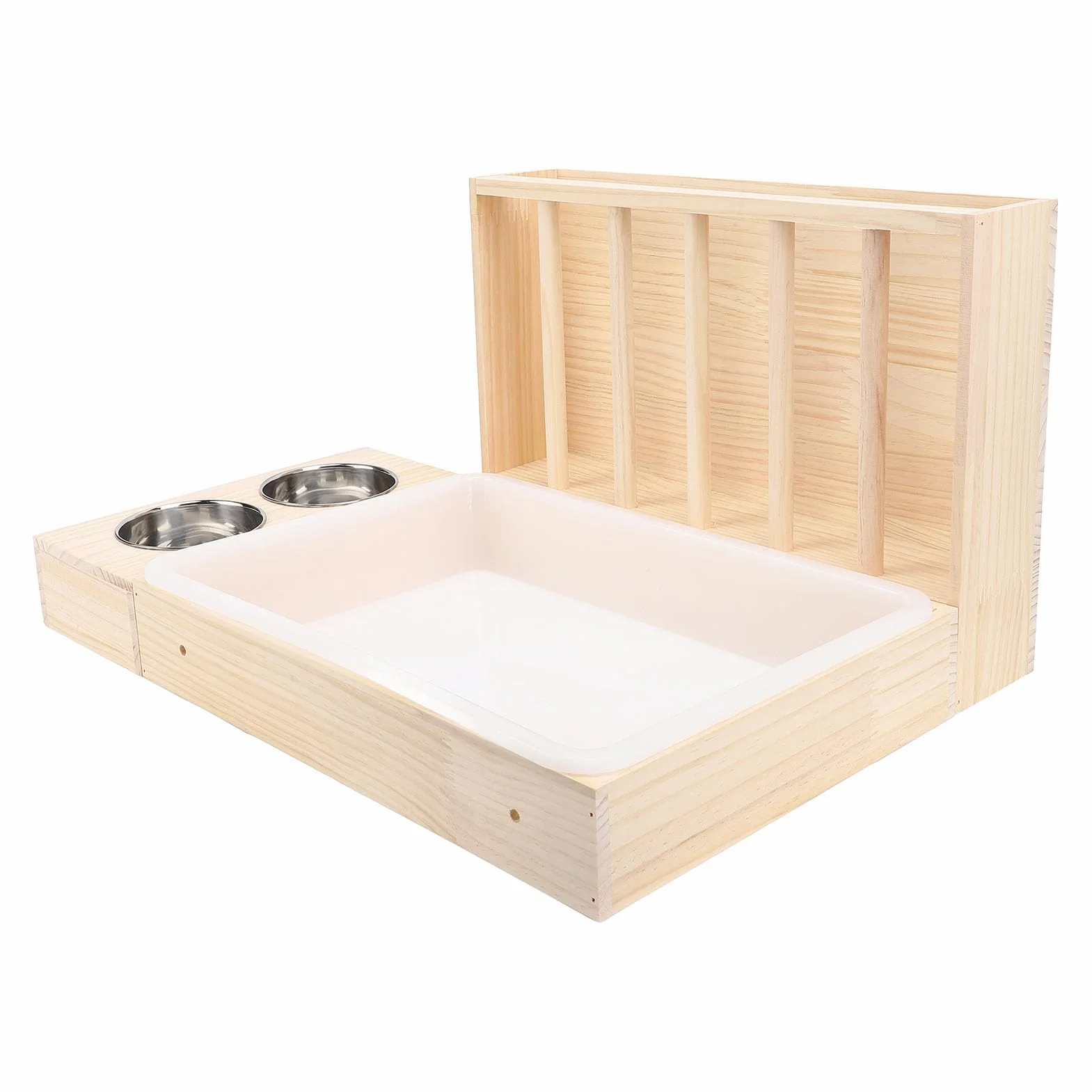 Grand Support en Bois pour Lapins avec 2 Bols, Mangeoire WC Litière Combo