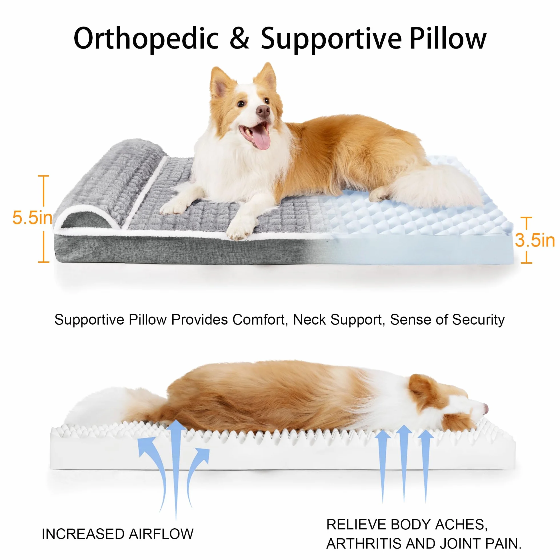 Panier Chien Moyen Orthopédique, Lit Matelas pour Chien avec Oreiller Latéral Moelleux, Coussin Déhoussable Lavable en Machine, Imperméable, Base Antidérapante, 91x61cm, Gris