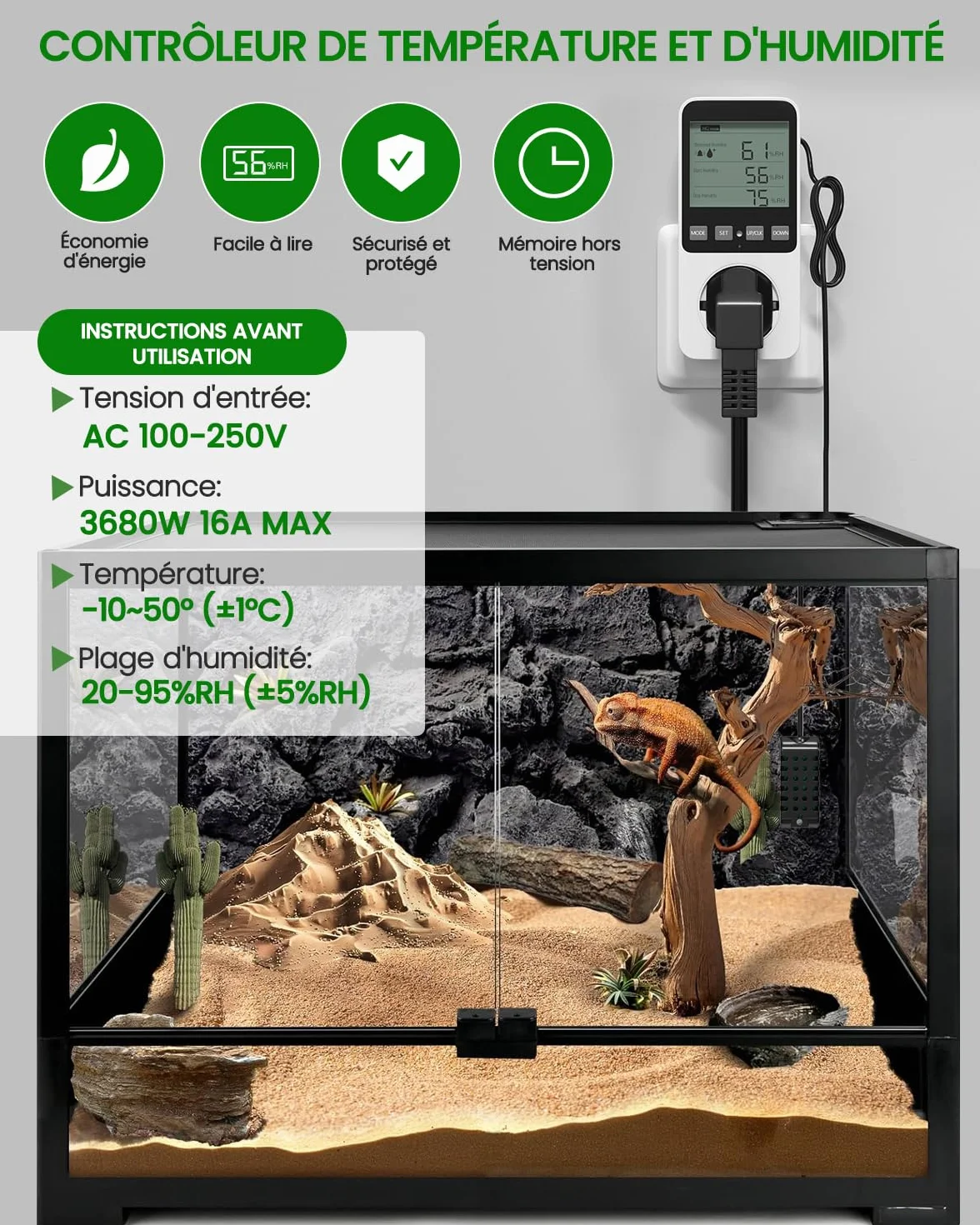 Prise Thermostat Hygrostat Numérique, Contrôleur de Température et d'humidité Prise avec Sonde, Alarme Régulateur Humidité Prise pour Terrarium Reptile Couveuse Incubateur Serre
