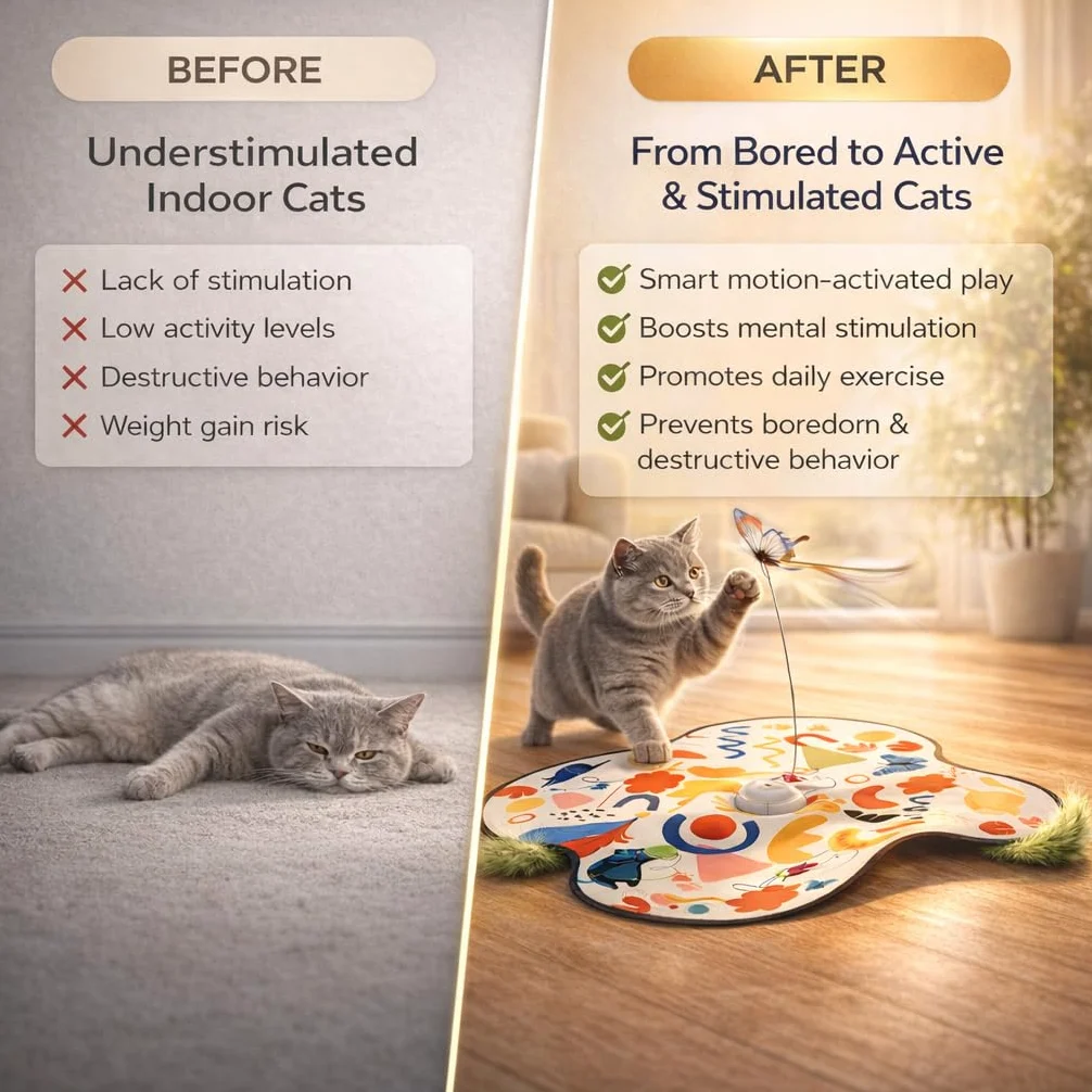 Pet's Var Jouets interactifs pour chats d'intérieur – Jouet pour chat à activation automatique du mouvement avec baguette mobile, son de papillon et de souris, jouet d'exercice rechargeable pour chats