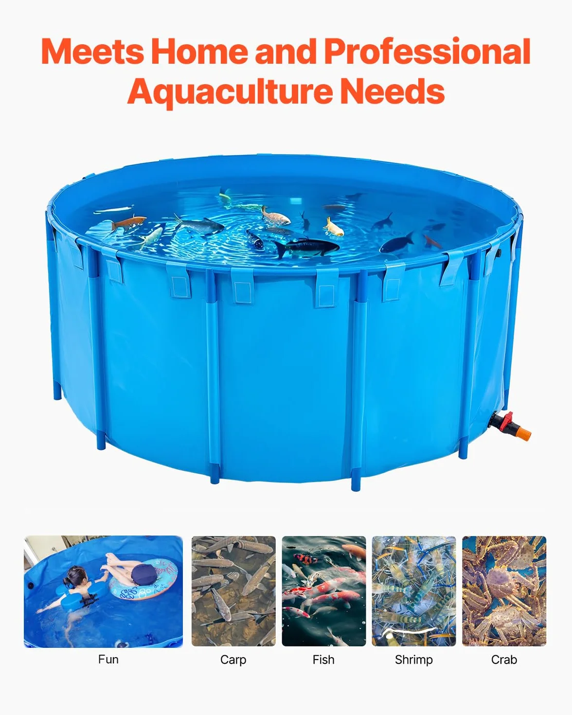 VEVOR Bassin à Poissons Hors Sol, Capacité 4550 L, Étang à Poissons en Toile PVC, avec Cadre Stable en Plastique et Vanne de Vidange, pour Aquaculture, Élevage de Poissons Rouges, Carpes, Koïs, Bleu