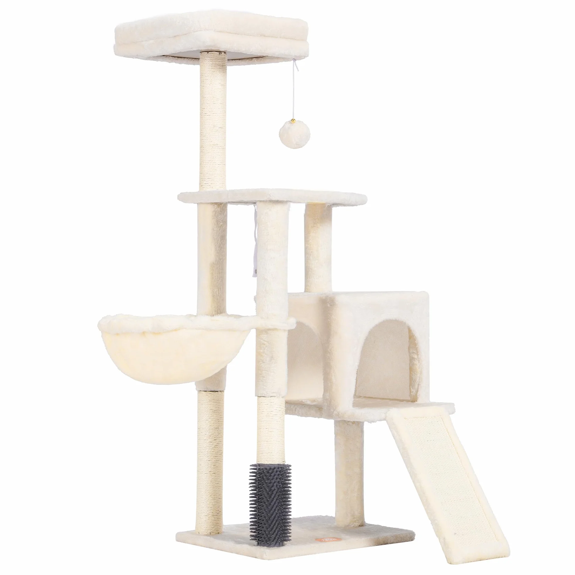 Heybly Arbre à Chat, Brosse de Nettoyage Automatique, Arbre à Chat Domestique Robuste avec Peluche Polie, Chaise Longue, Bac à Litière avec Panneaux et Griffoir, Beige HCT005SM