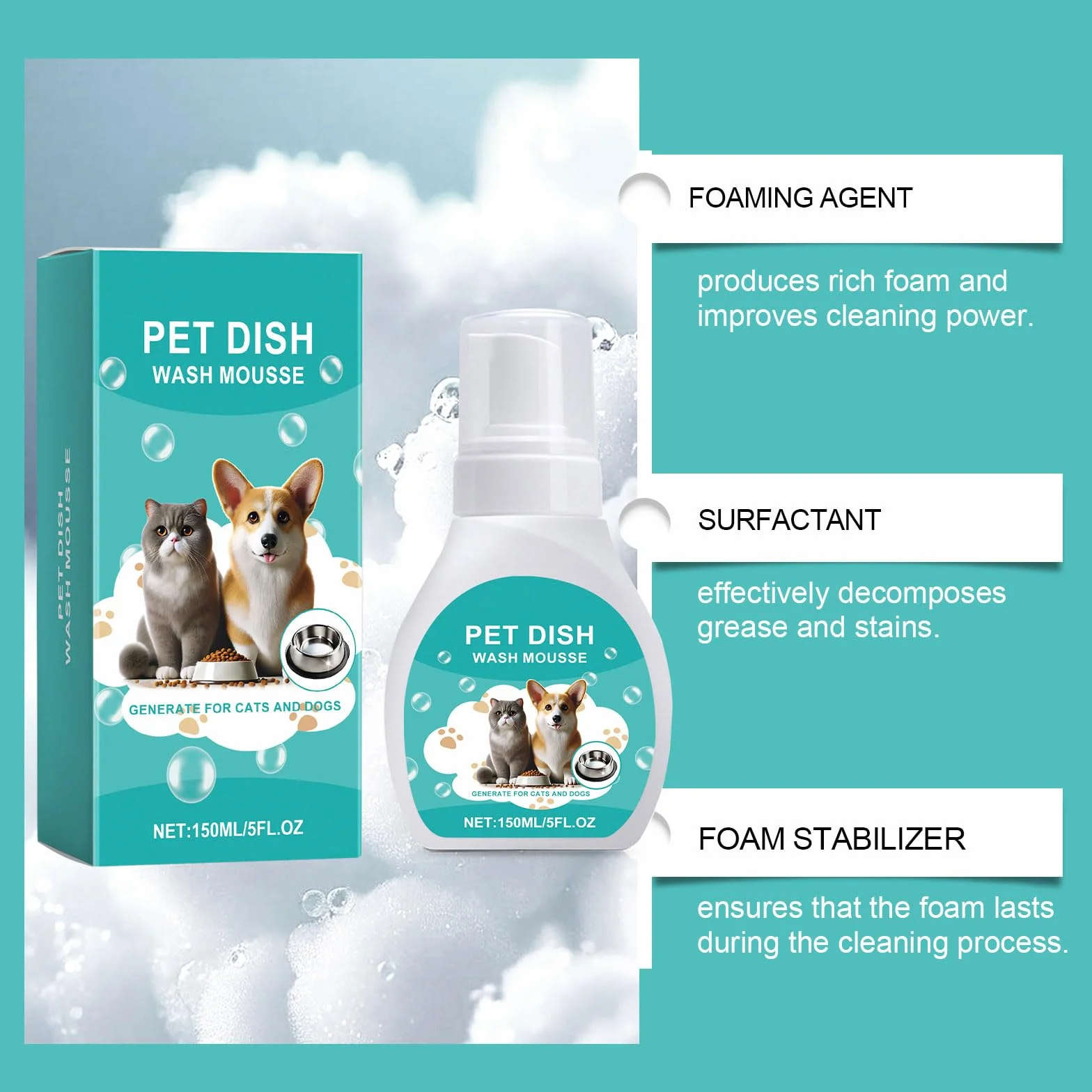 Mousse nettoyante pour gamelle animal domestique 150 ml usage quotidien nettoyage doux
