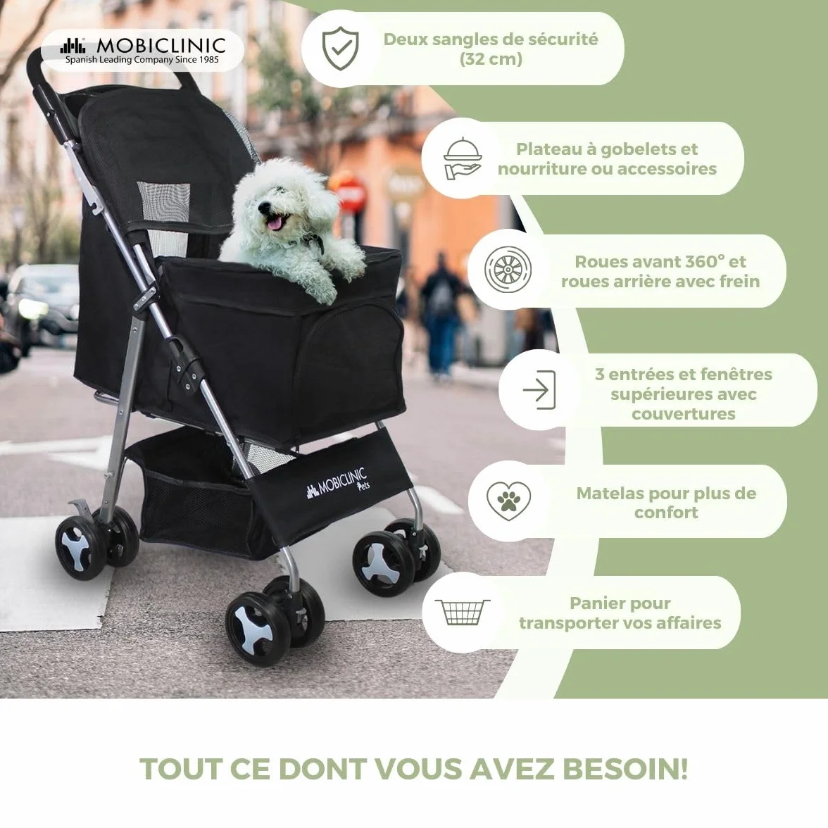 Mobiclinic Poussette Buggy Pliable Chien Zuma Jusqu'à 15 kg Roues Freins 360° Panier XXL Noir