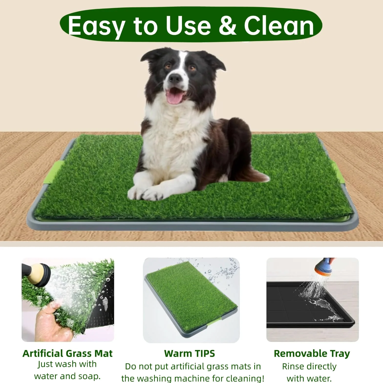 Tapis d'herbe pour chien avec plateau, tapis d'herbe de rechange pour pot pour animal domestique intérieur/extérieur, tapis d'entraînement à la propreté portable, fausse herbe réutilisable pour