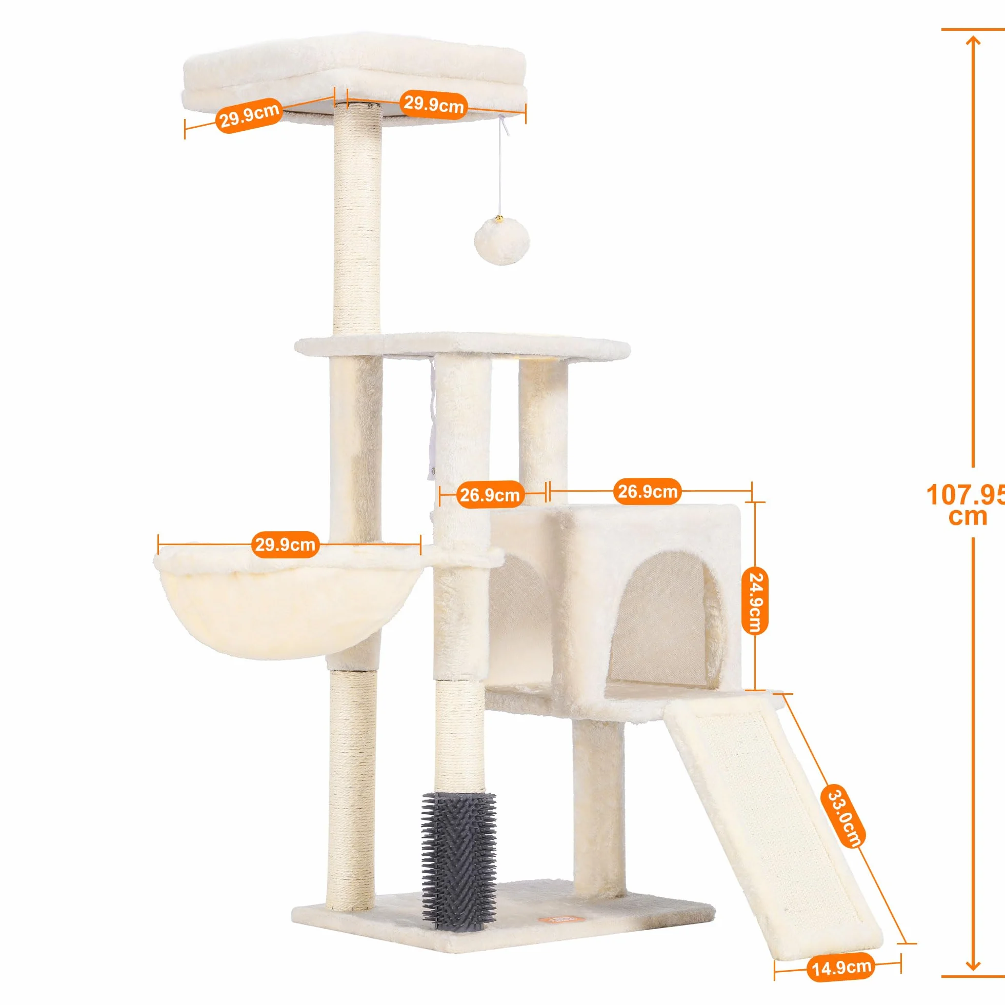 Heybly Arbre à Chat, Brosse de Nettoyage Automatique, Arbre à Chat Domestique Robuste avec Peluche Polie, Chaise Longue, Bac à Litière avec Panneaux et Griffoir, Beige HCT005SM