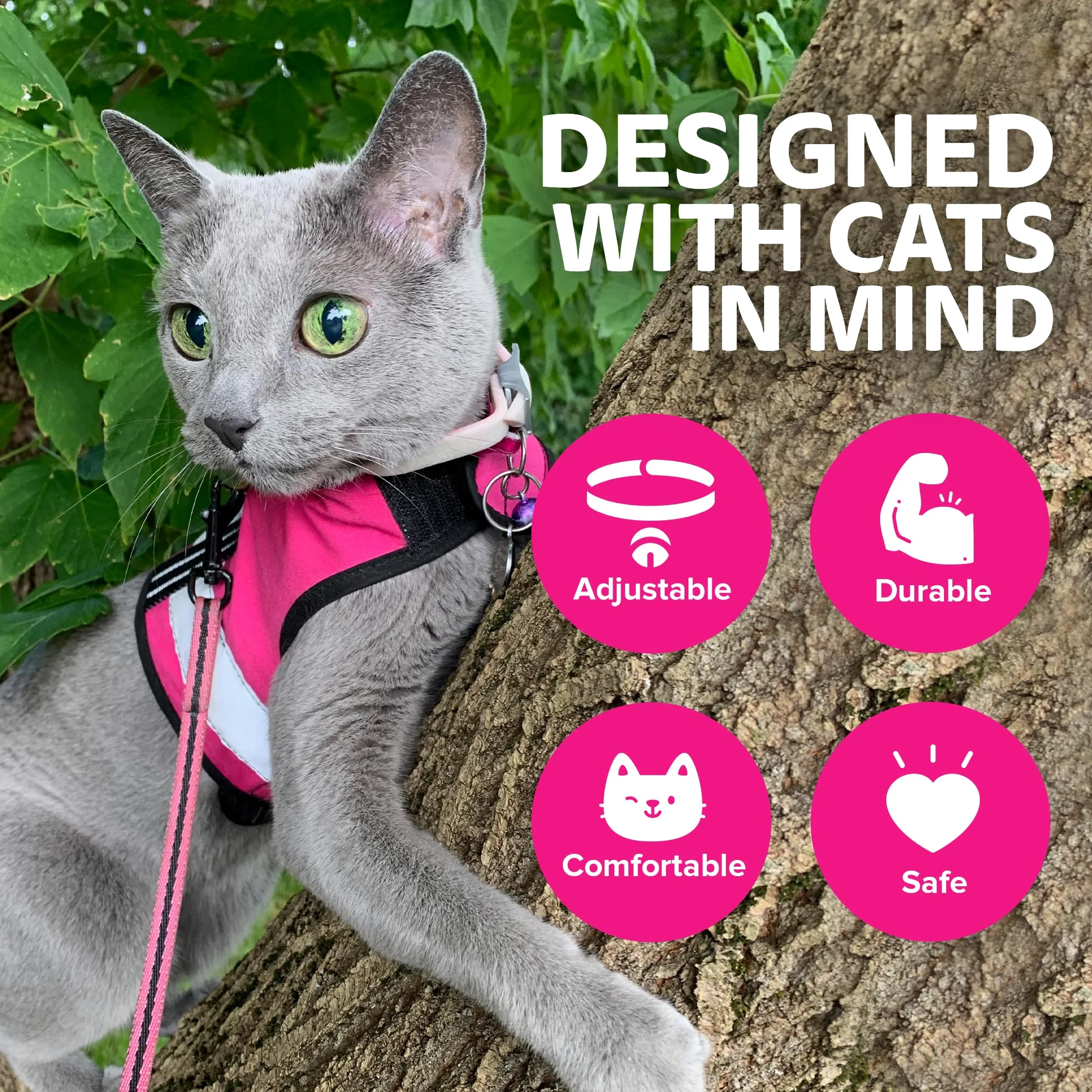 Kitty Holster Harnais réfléchissant pour chat, gilet haute visibilité de jour et de nuit pour la promenade et les voyages, coton respirant et lavable, M à L, rose (Flamingo Pink)