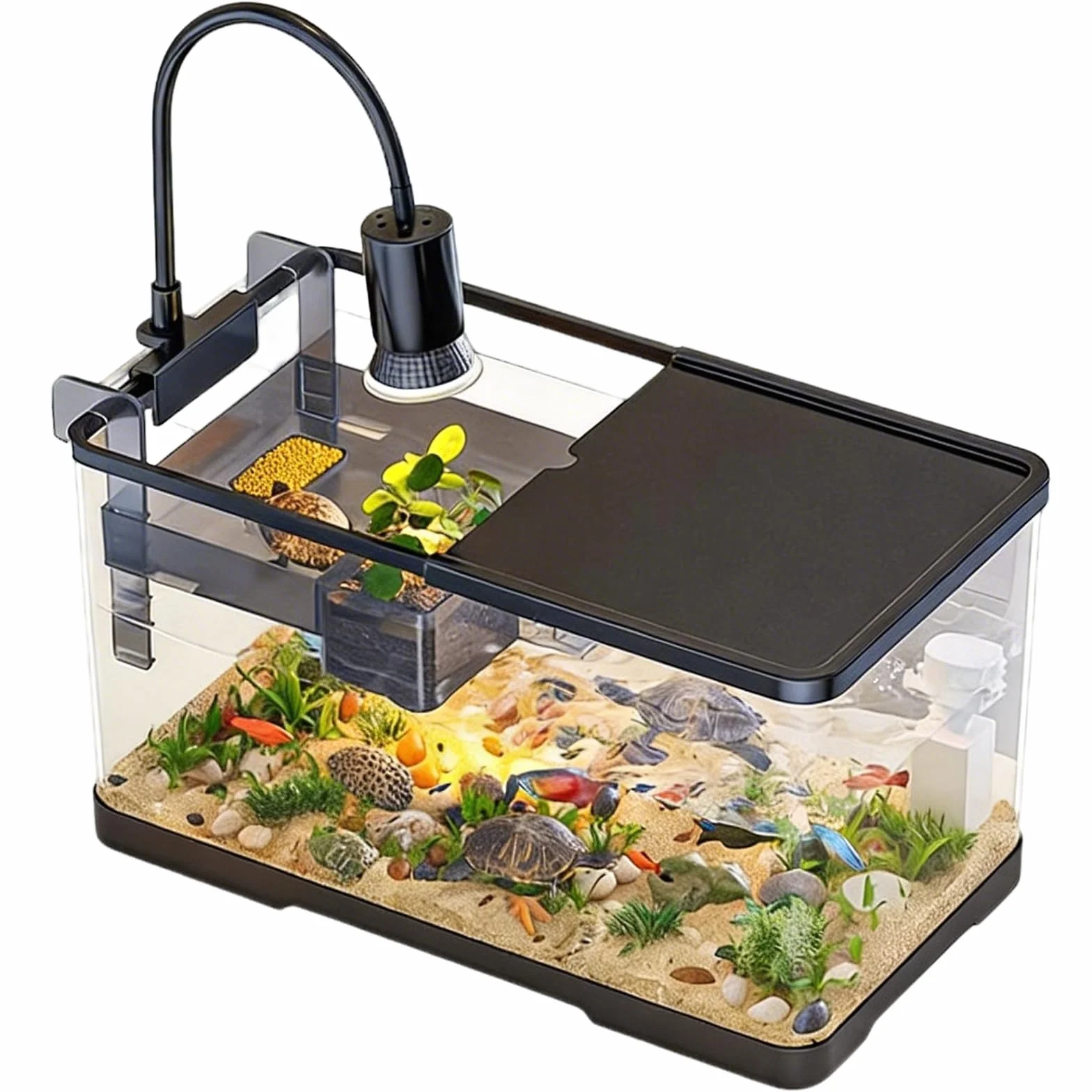 Terrarium Tortue avec Plateforme de Repos et Lampe, Aquarium Tortue Deau avec Plateforme Suspendue, Couvercle