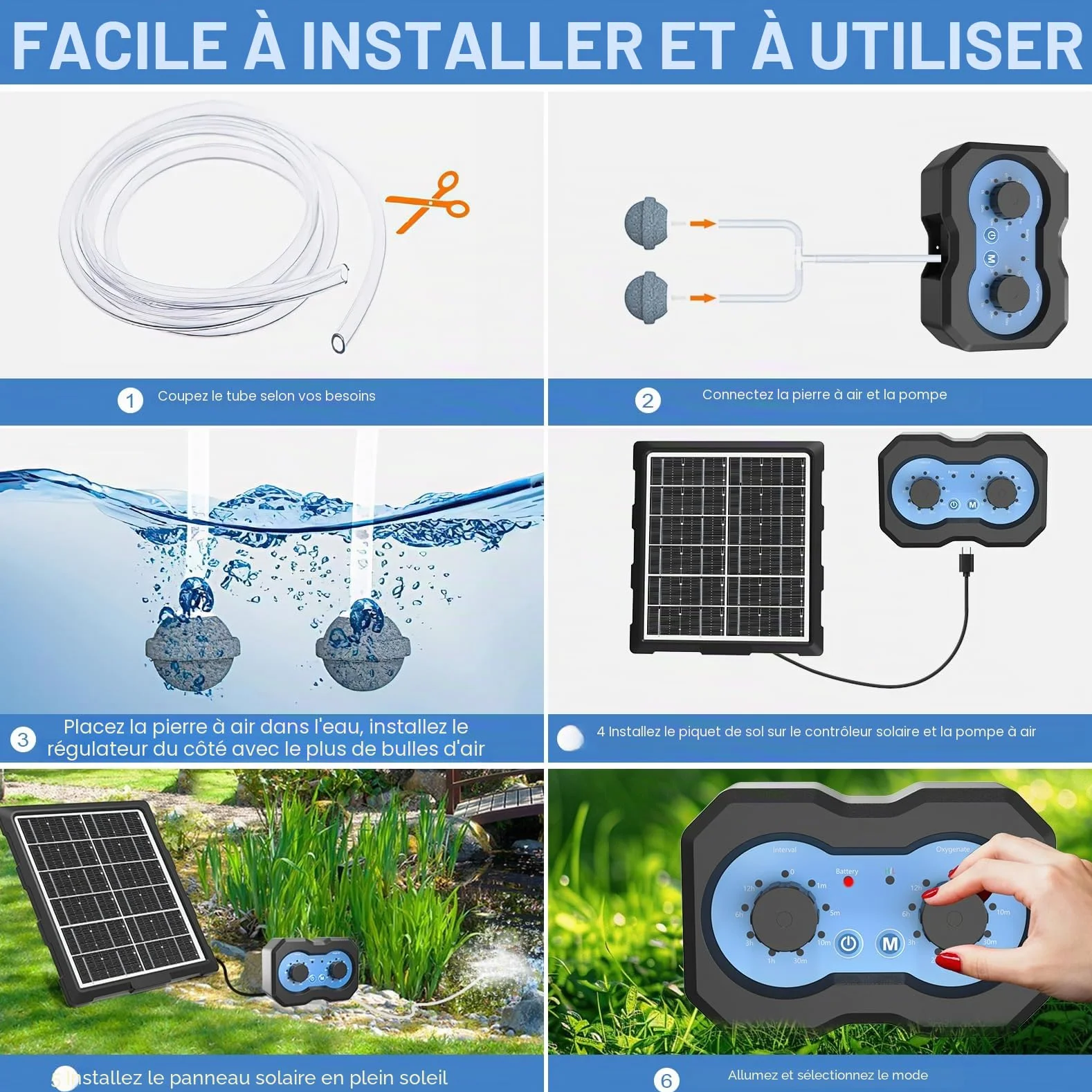 Pompe à air solaire oxygénateur pour étang avec minuterie