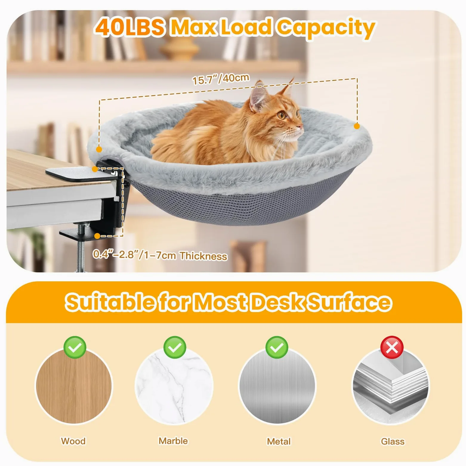 Pawaboo Lit De Bureau pour Chat, Lit D'Appoint Pliable en Un Clic | Hamac pour Chat avec Pince en Acier Pouvant Supporter Jusqu'à 18 Kg, Lits Suspendu Réversible pour Chats avec Peluche