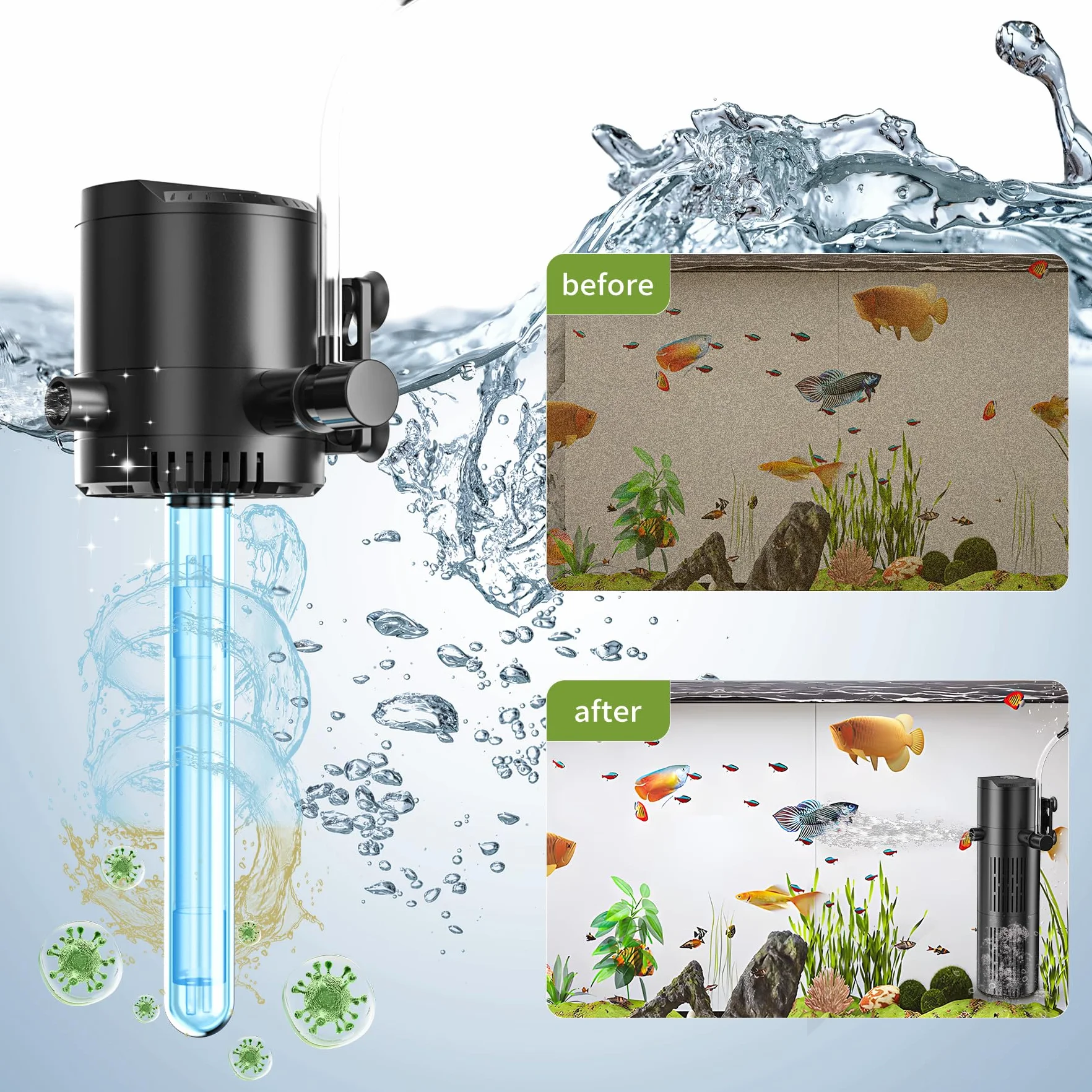 Forever Speed Filtre d’Aquarium Interne 5‑en‑1 avec Pompe UVC 6W 800L/H pour Aquariums 60-150L