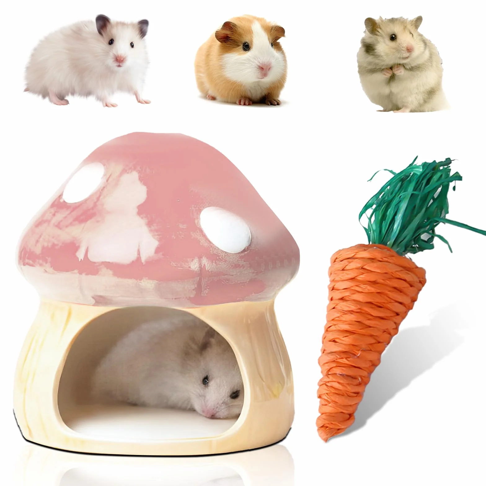 Nizirioo Niche unique en céramique pour hamster : cachette durable pour hamster, cabane et jouet dentaire, tunnel en forme de champignon, grandes entrées pour gerbilles, souris, chinchillas (rose)