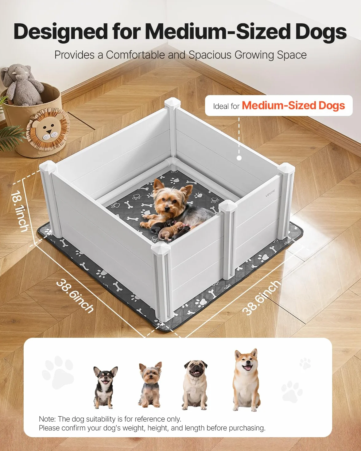VEVOR Parc de Mise Bas pour Chien 98x98x46 cm Caisse de Mise Bas pour Chiots Porte Hauteur Réglable Tapis d'Urine Lavable Boite de Naissance en Plastique PVC