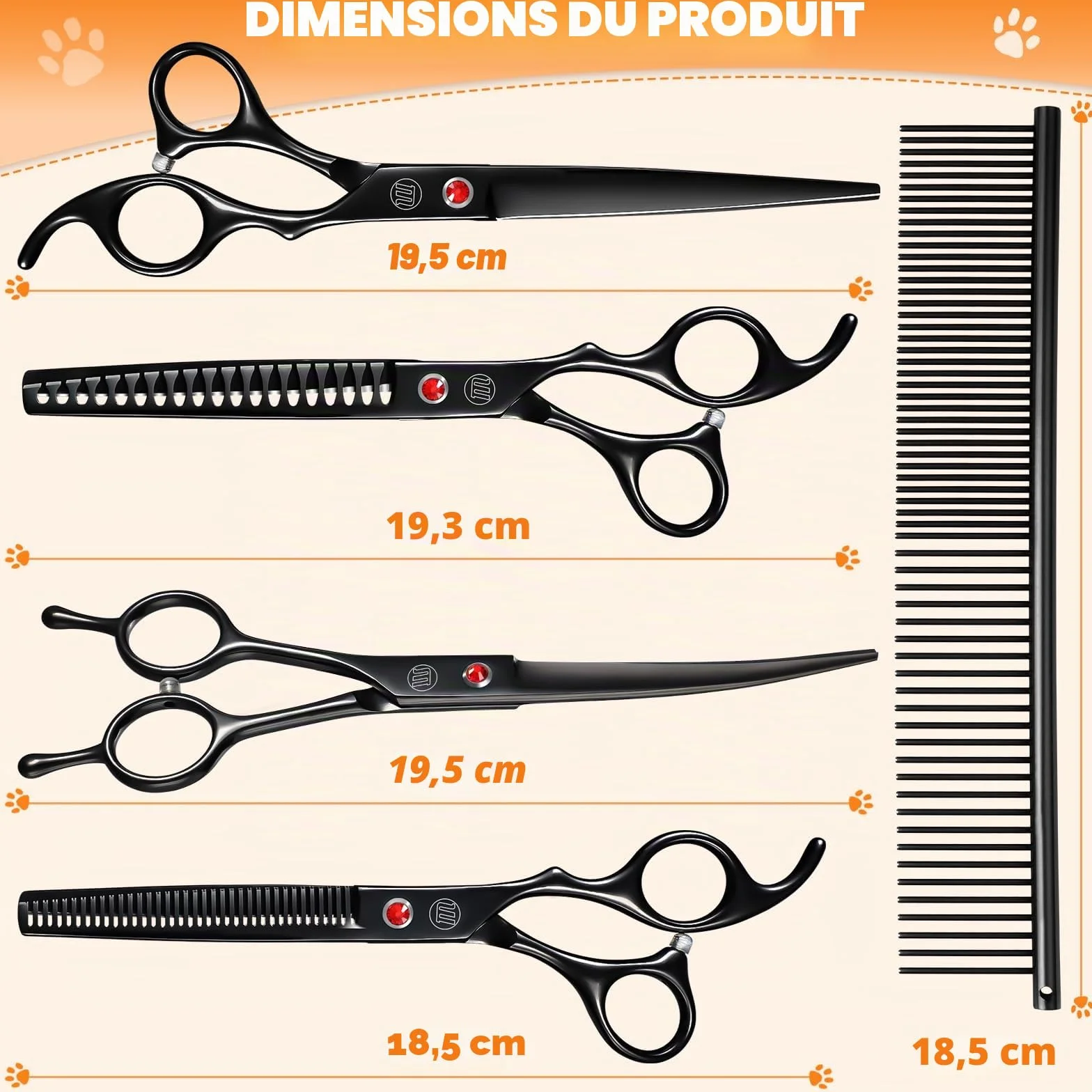 Moontay Professionnel Ciseaux Toilettage Chien et Animaux - Set Acier Inoxydable avec Droits, Courbés, Arête de Poisson, Effileurs, Peigne et Tissu de Nettoyage - Noir