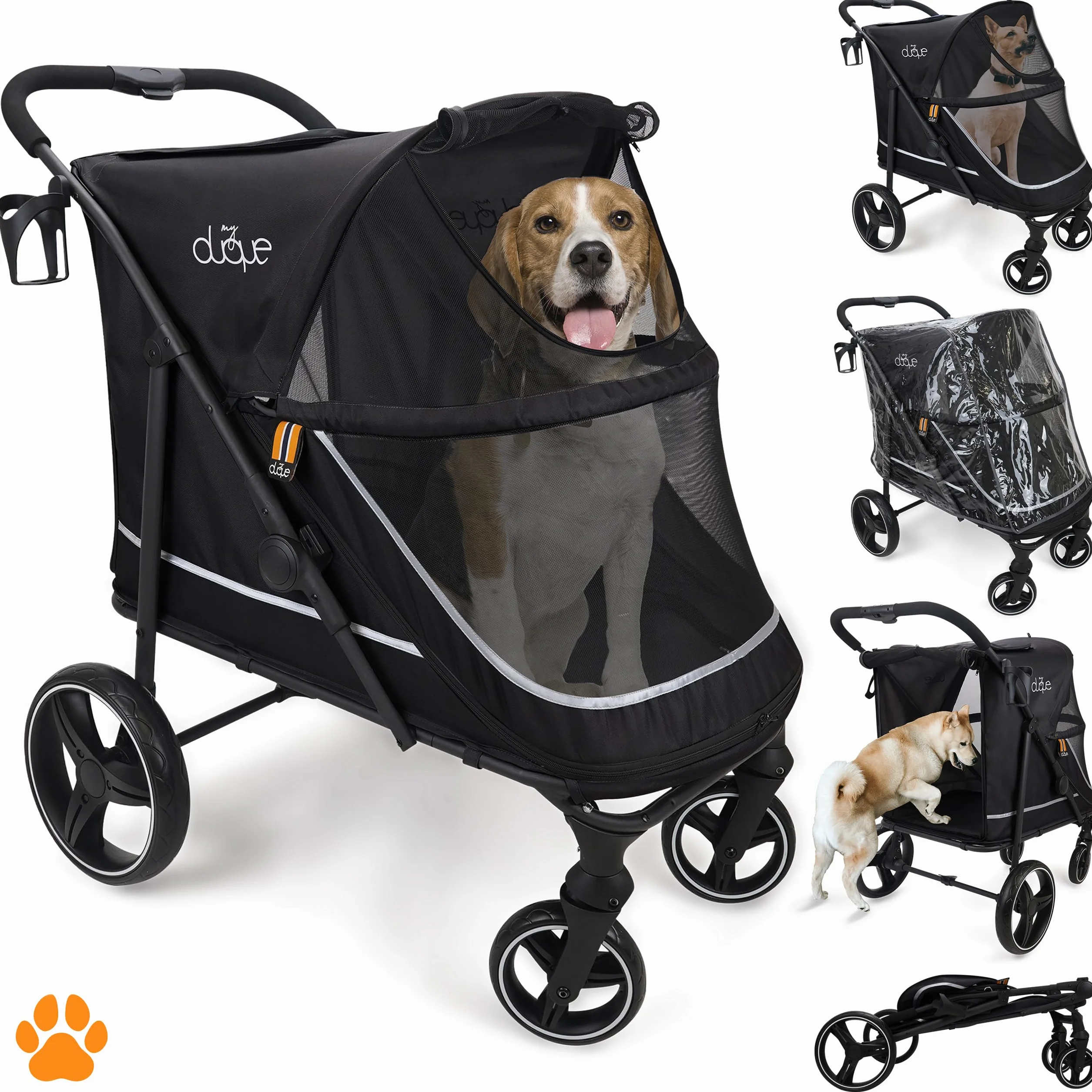 DUQUE Poussette pour Animaux CHAMP Pliante 50 kg Noir avec Housse de Pluie