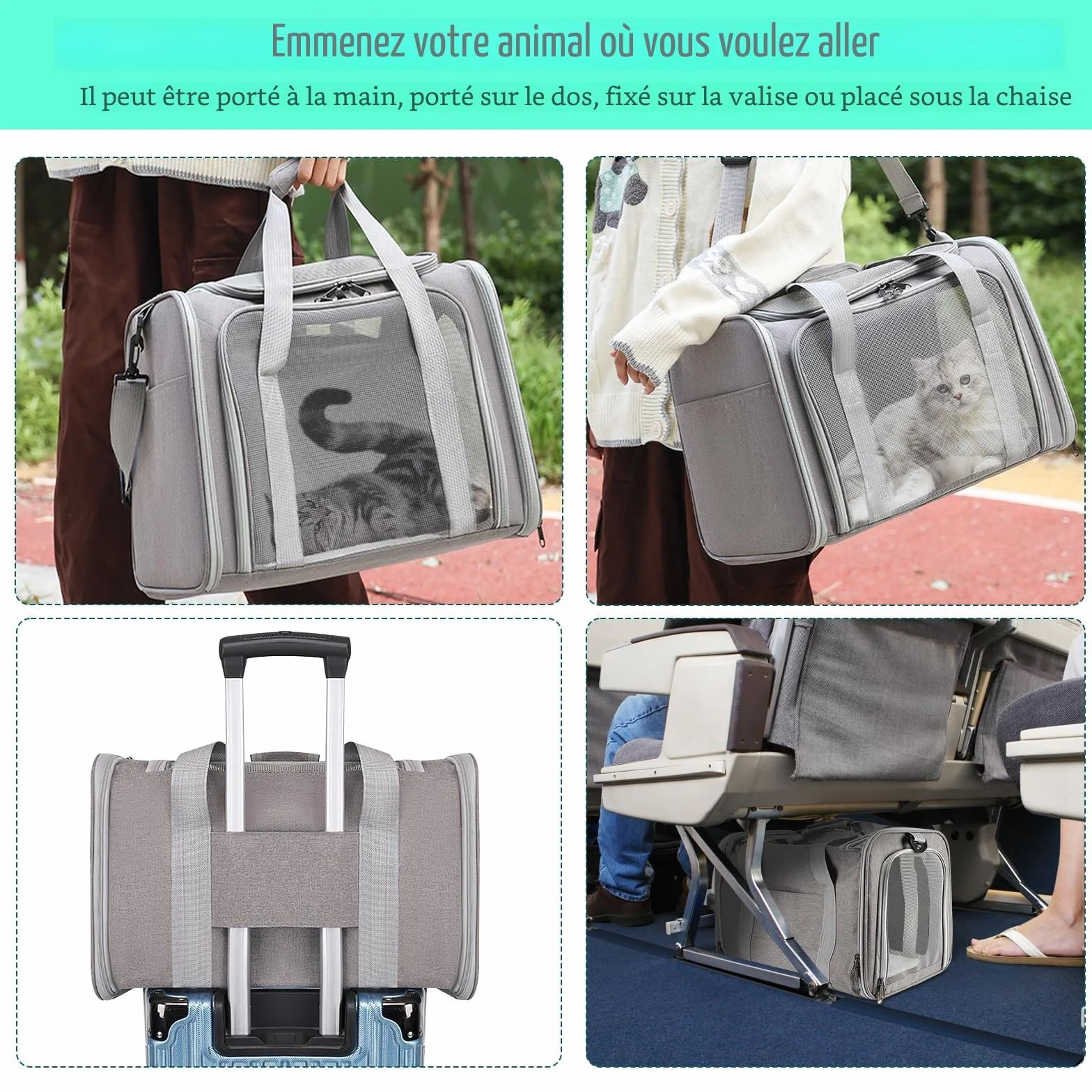 Sprifityy Sac de Transport Chat Extérieur Pliable Respirant Caisse Matelas Souple Gris 45x30x30 cm