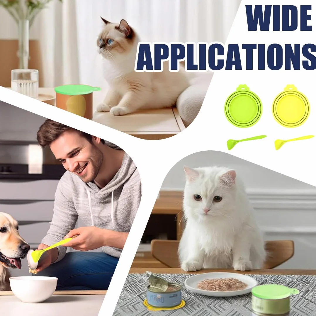 Couvercles En Silicone Pour Boîtes De Nourriture Pour Animaux, Lot De 2 Pièces Universel, Pour 3 Tailles Standard De Conserves Livré Avec Une Cuillère (Jaune, Verte)