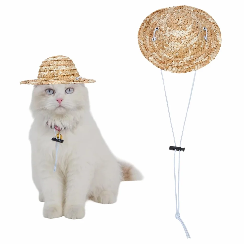 GORGECRAFT Chapeau de paille réglable pour chien chaton avec sangle menton été plage