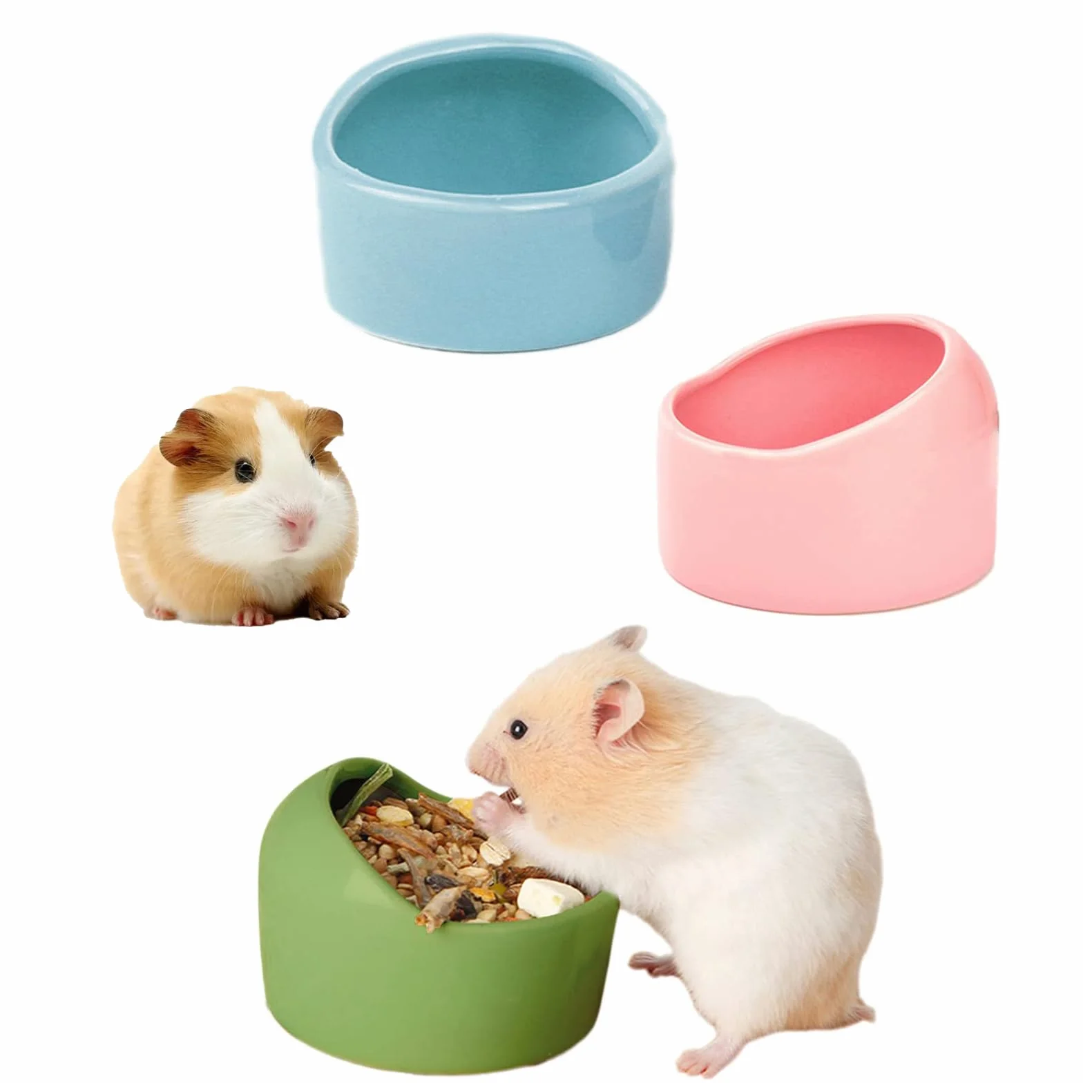 Lot de 3 Bols en Céramique pour Hamster - Gamelles Anti-morsure Rose Bleu Vert
