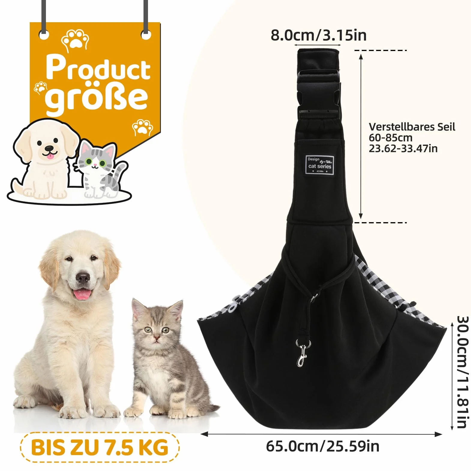 Sac de Transport pour Chien Chat 7.5 KG Réglable avec Corde de Sécurité Petit Animaux Bandoulière Extérieur Voyages Métro