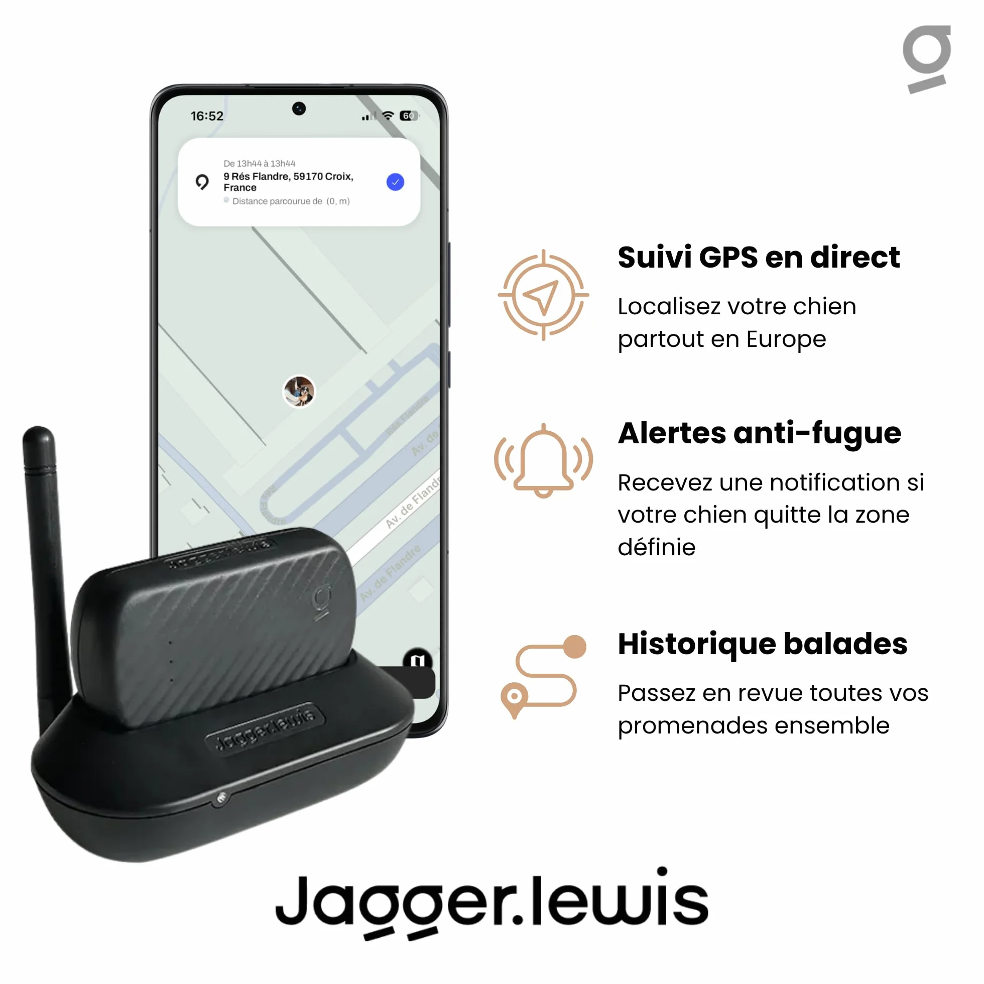 Jagger Lewis GPS Collier Chien sans Abonnement Localisation Direct Anti-Fugue Suivi Activité Bien-Être iOS Android Charbon Smartdock