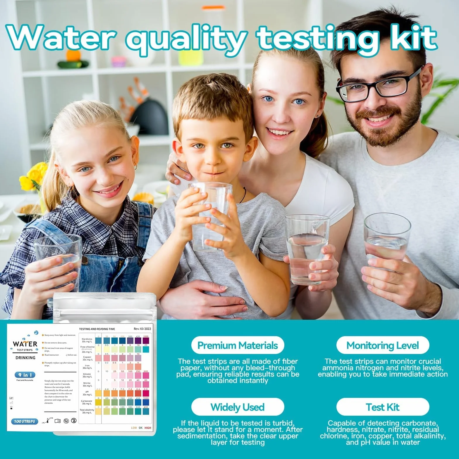 Lot de 100 Bandelettes Test Eau Aquarium 9 en 1, Kit pour Eau Douce et Salée, Test Nitrite Nitrate pH GH KH Chlore Cuivre Fer avec Tube et Thermomètre