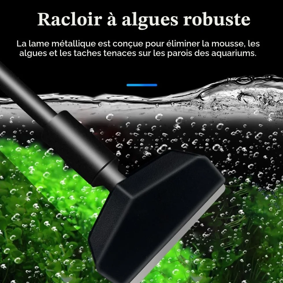 Kit de nettoyage pour aquarium 3 en 1 avec tige amovible 35,6 cm, grattoir à algues et brosse plate