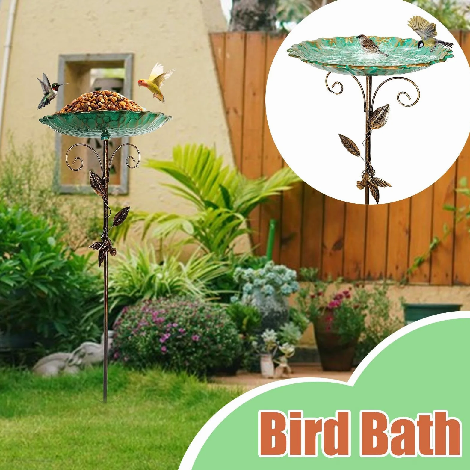 Bain d'oiseaux pour Extérieur, Mangeoire Vintage, Bassin en Métal sur Pied Antigel Hauteur Réglable pour Jardin Terrasse Balcon Extérieur