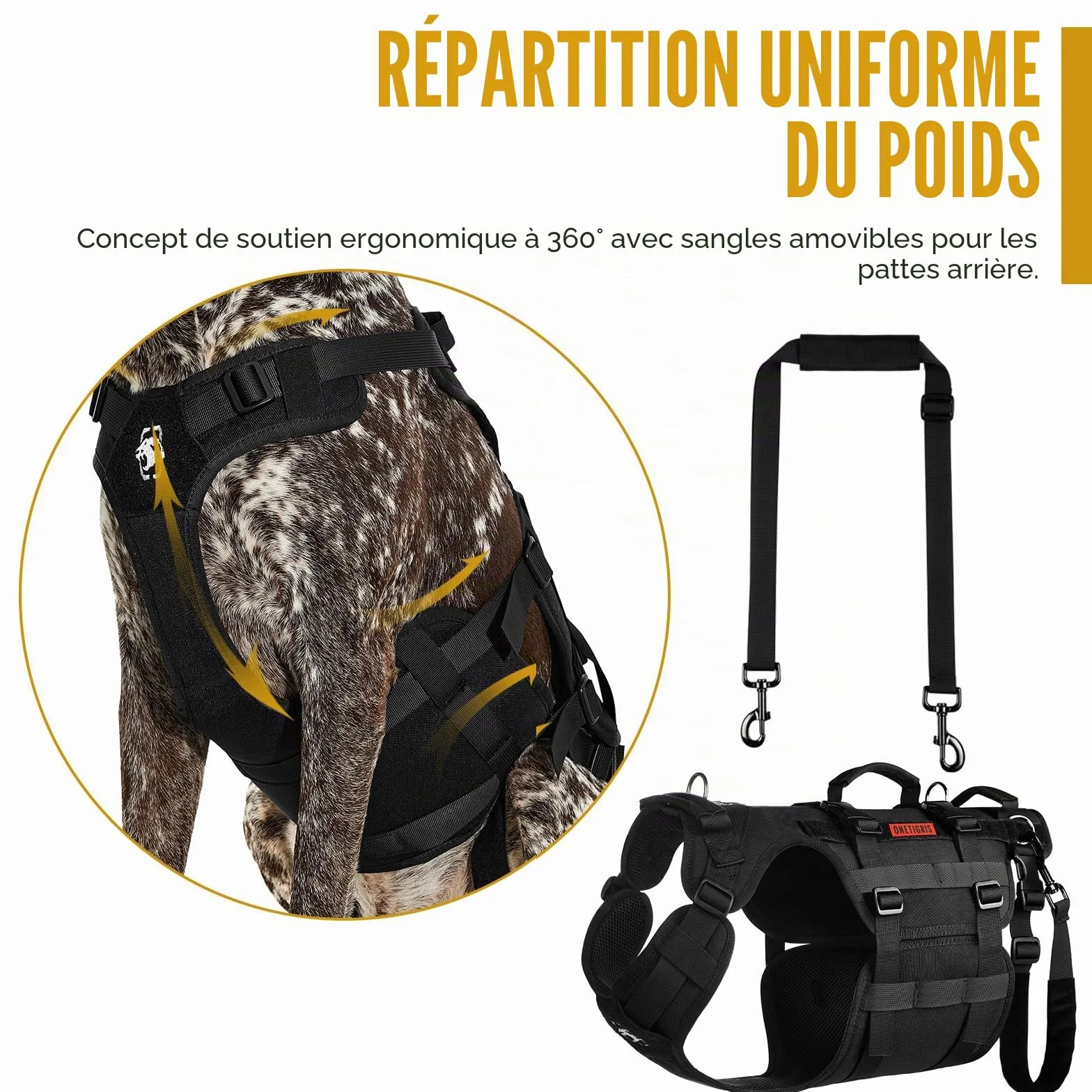 OneTigris Invictus Harnais de Levage pour Chien handicapé, Sangle réglable, 3 poignées, Leggings arrière Amovibles - Noir S
