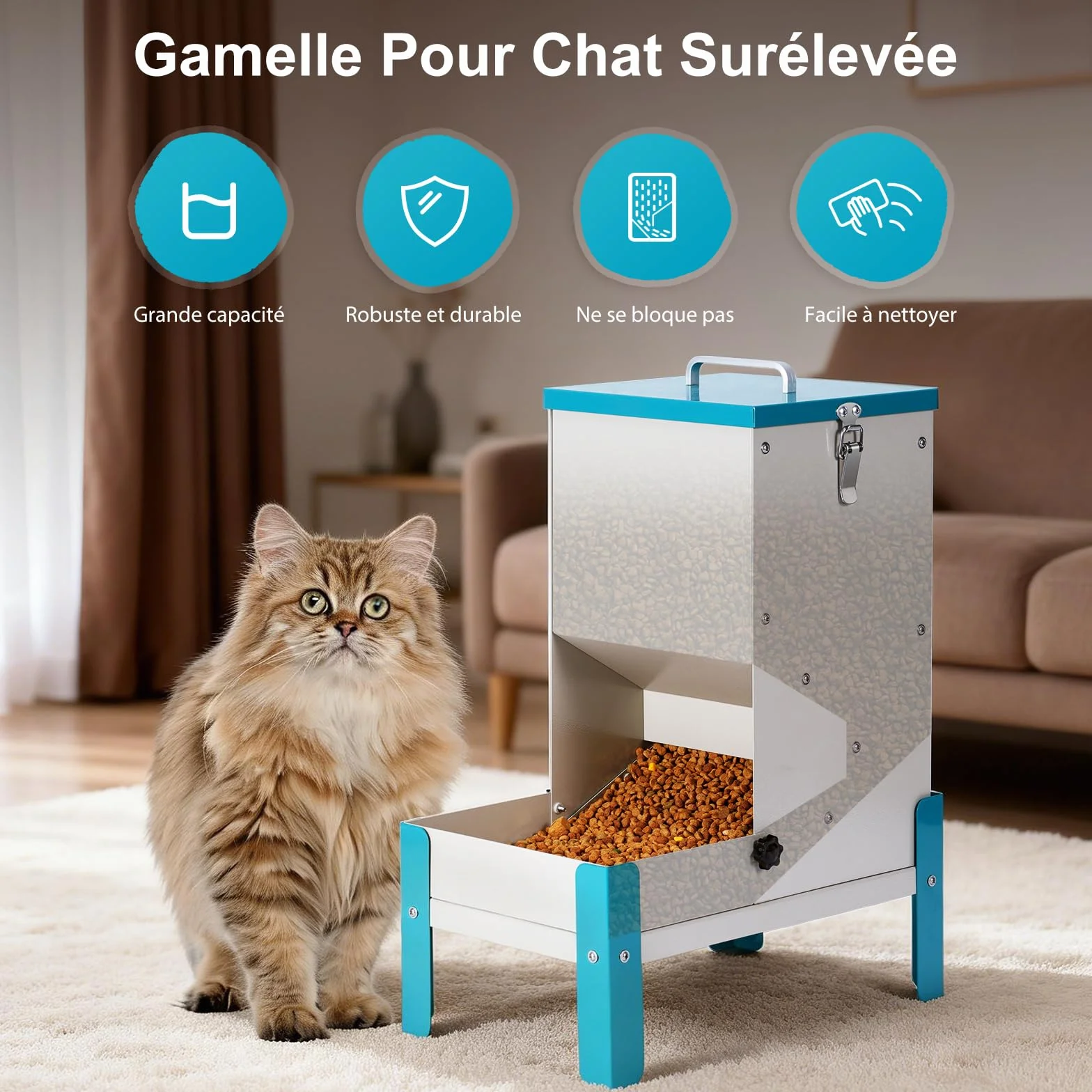 Distributeur Croquettes Chat Automatique 10L Gamelle Surélevée pour Chien Mangeoire Secs Métal Amovible