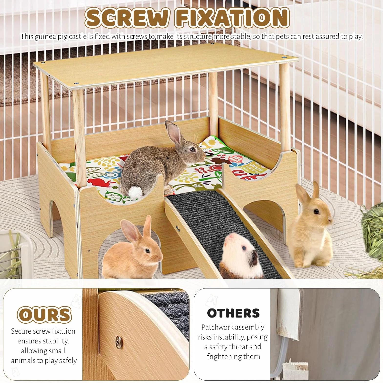 Maison pour cochon d'Inde, cachette pour hamster, lapin, jouets pour cochons d'Inde, accessoires pour cochons d'Inde, maisons et habitats pour petits animaux (bois)