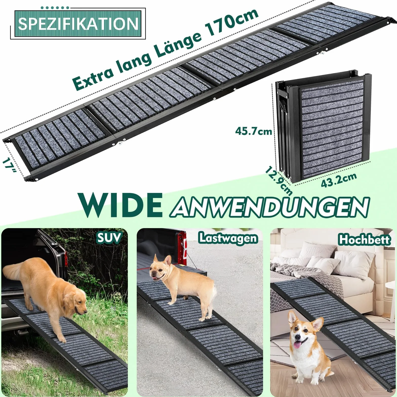 Rampe pour chien extra longue, 170 cm, pliable, tapis haute traction, antidérapante, pour voitures, camions et SUV, stable jusqu'à 110 kg