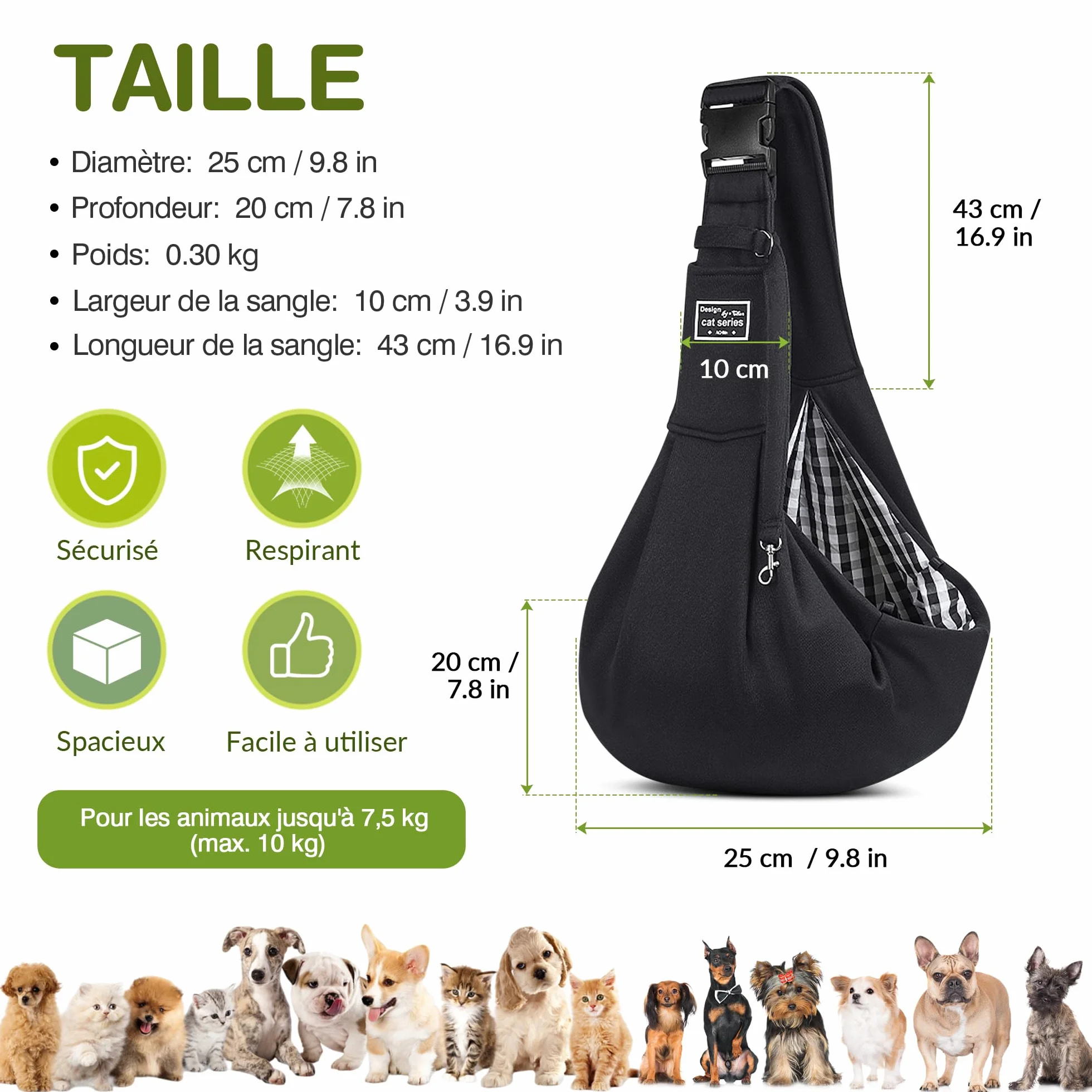 ALLSOPETS Sac de Transport pour Chien et Chat Réglable Noir Charbon