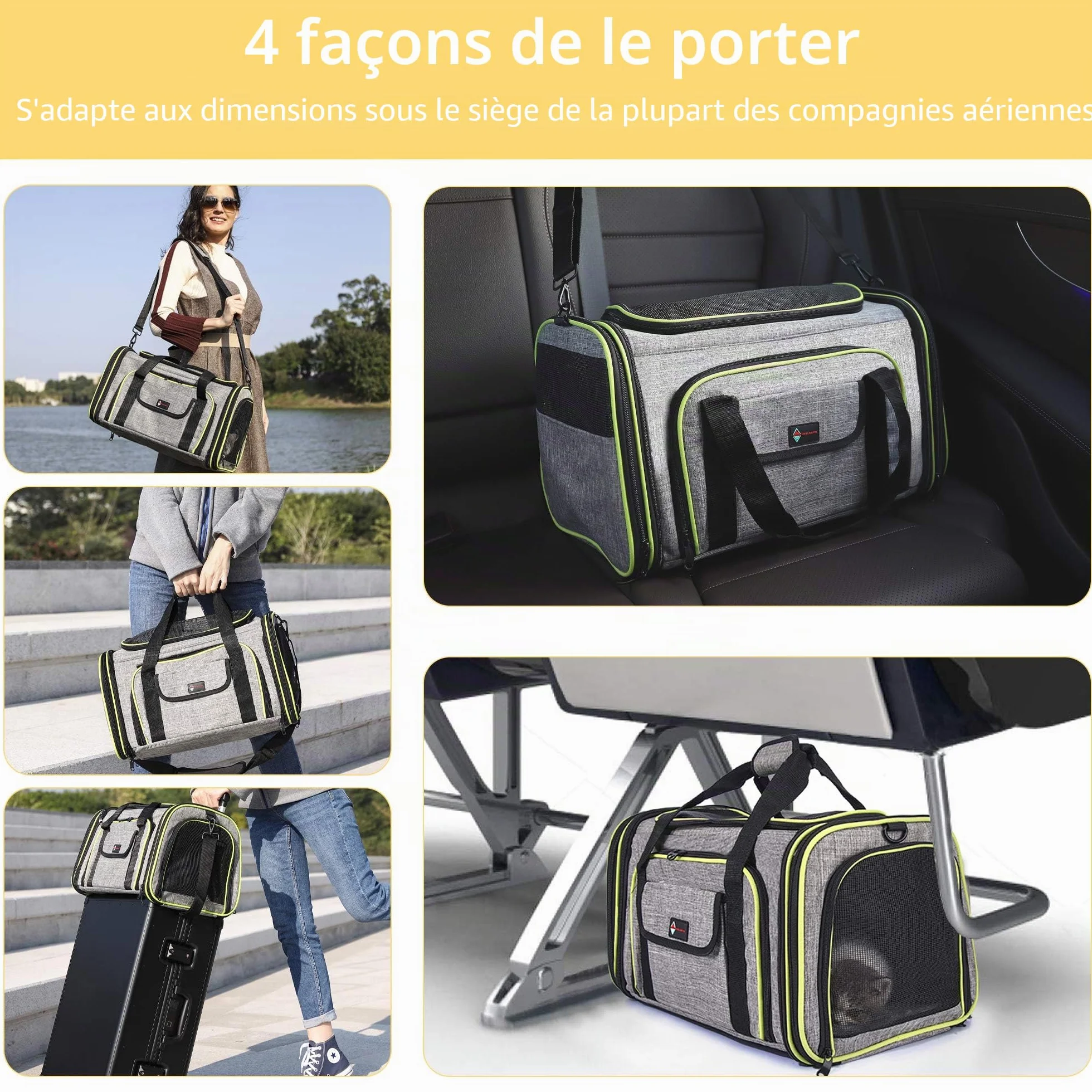 Sac Transport Chat Chien, Cage de Voyage Spacieux 4 Sens Extensibles, Caisse Chat Pliable pour Animal de Compagnie (Gris)