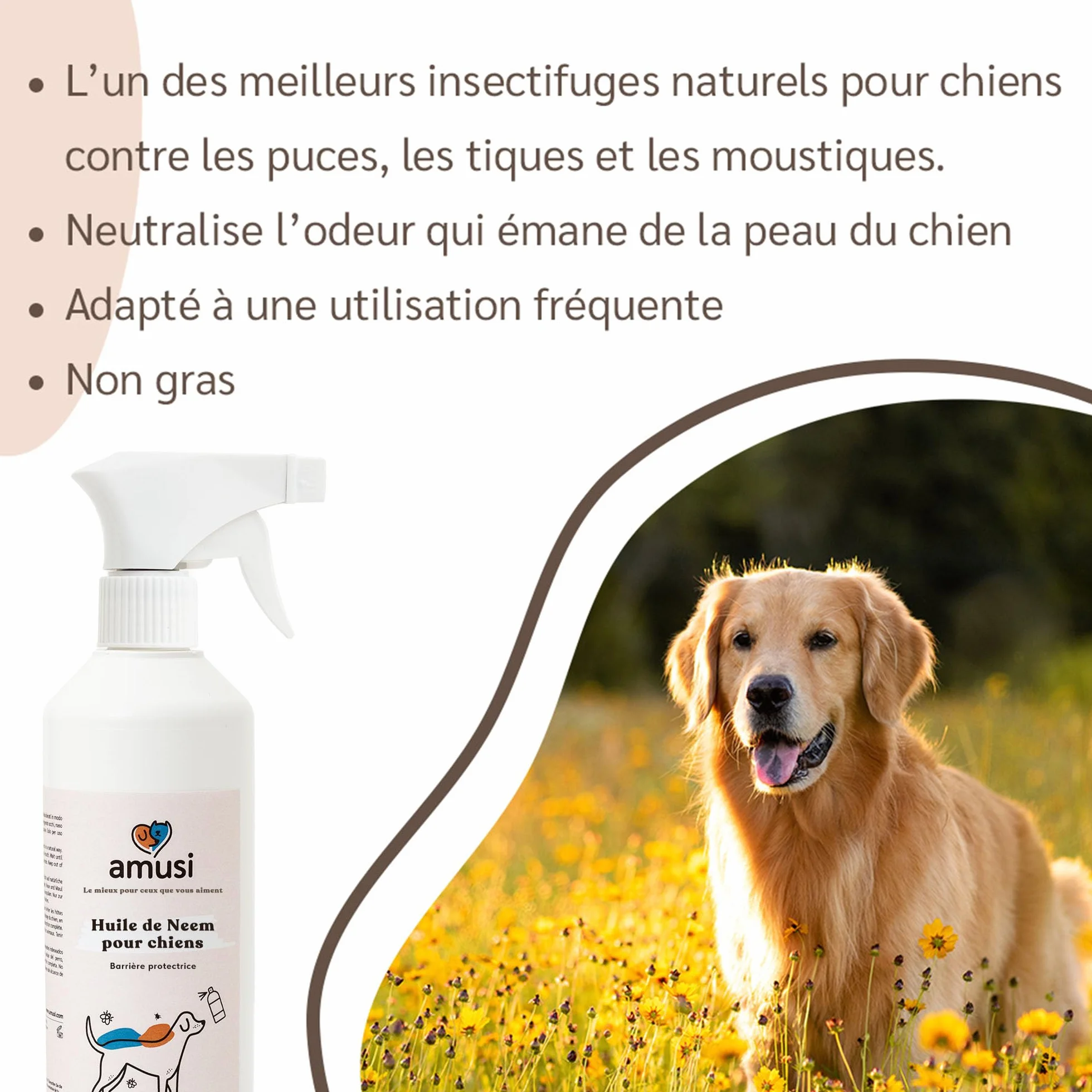 Huile de Neem pour Chiens 500 ML Spray Répulsif Protection Naturelle Contre Tiques Mouches Acariens Poux
