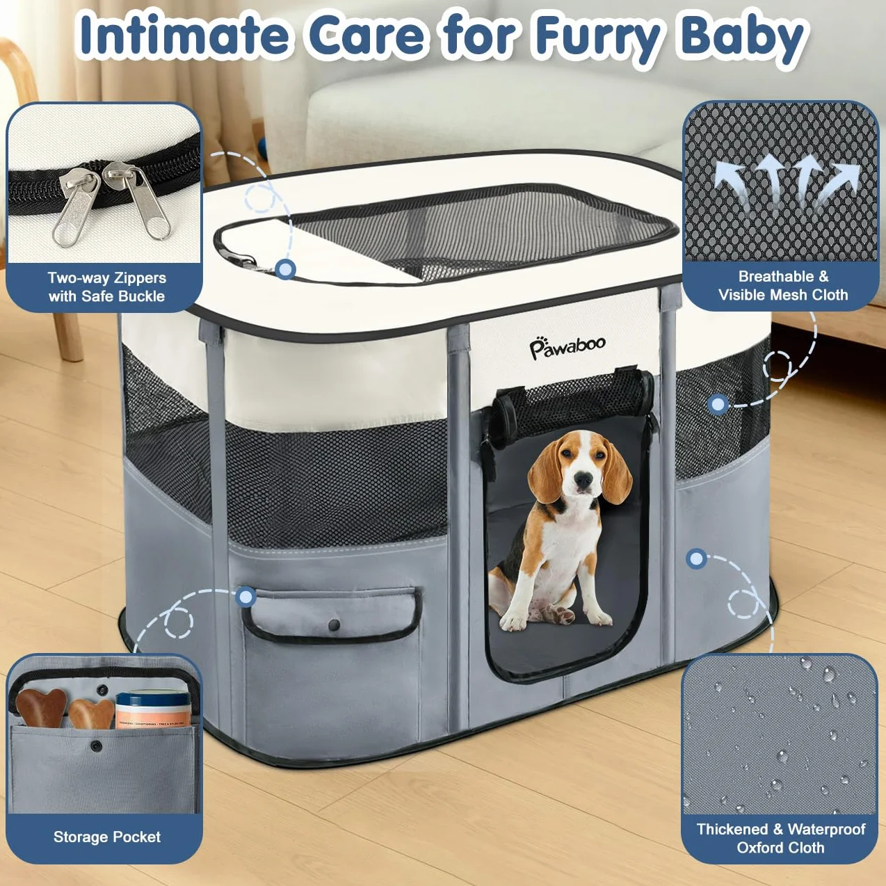 Pawaboo Parc Enclos Pliable Chien Chat, Enclos Intérieur Extérieur Portable, Tissu Oxford, L, Gris