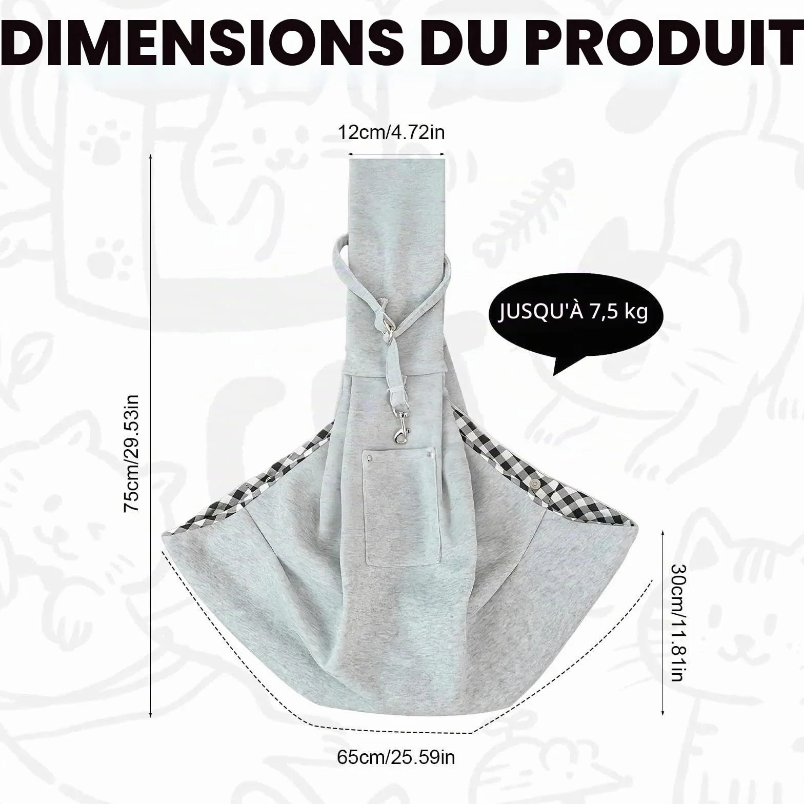 Écharpe de Transport pour Chien 7.5 kg Gris Sac à bandoulière pour Petits Chiens et Chats Aide à Porter Respirante
