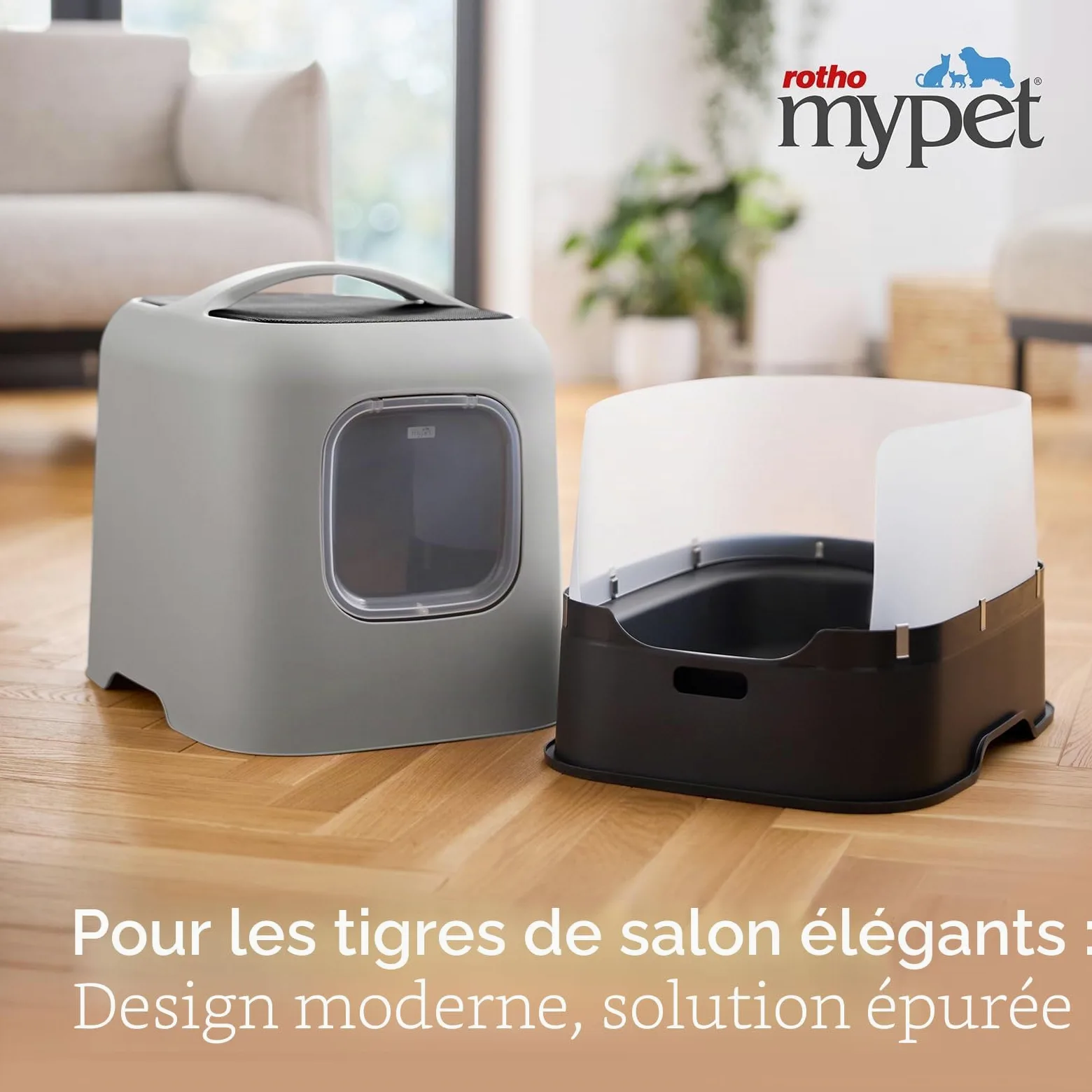 Rotho MyPet Bea Protect Bac litiere pour Chat 51 cm avec Couvercle Gris | Bac a litiere pour chat fermé, maison de toilette chat, porte battante à aimant, filtre à charbon actif, pare-éclaboussures