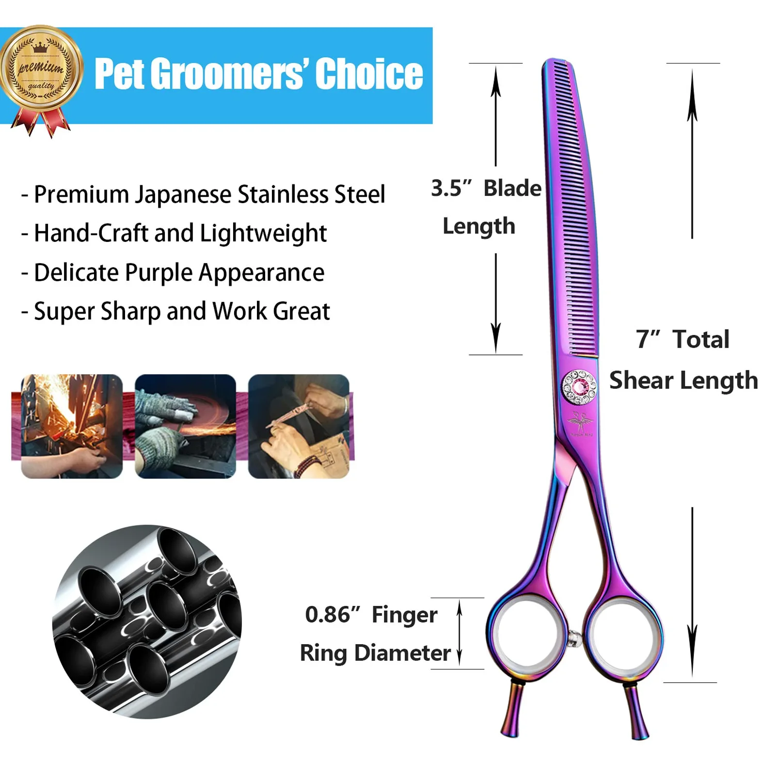 Ciseaux Sculpteurs Effileurs Professionnels Pour Chien Chats Poils Long Épais Bague Ciseaux Toilettage Bout Rond Sécurité Inox Incurvé Courbé Ciseaux Poils Animaux Débutant Luxe 7 Pouces Violet