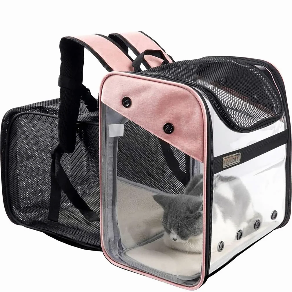 Sac de Transport Chat Petit Chien 10kg, Sac à Dos Extensible Transparent pour Animaux, Pliable Spacieux Respirant avec Matelas en Peluche, Grand Transporteur pour Voyage on Train Voiture Avion (Rose)