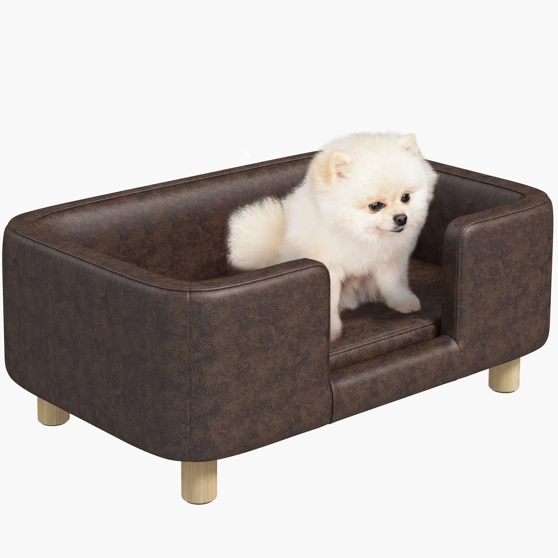 PawHut Canapé Chien lit pour Chien Chat Rebord Coussin Moelleux Pieds Bois Massif 74 x 48,5 x 31 cm Micro-Fibre Chocolat