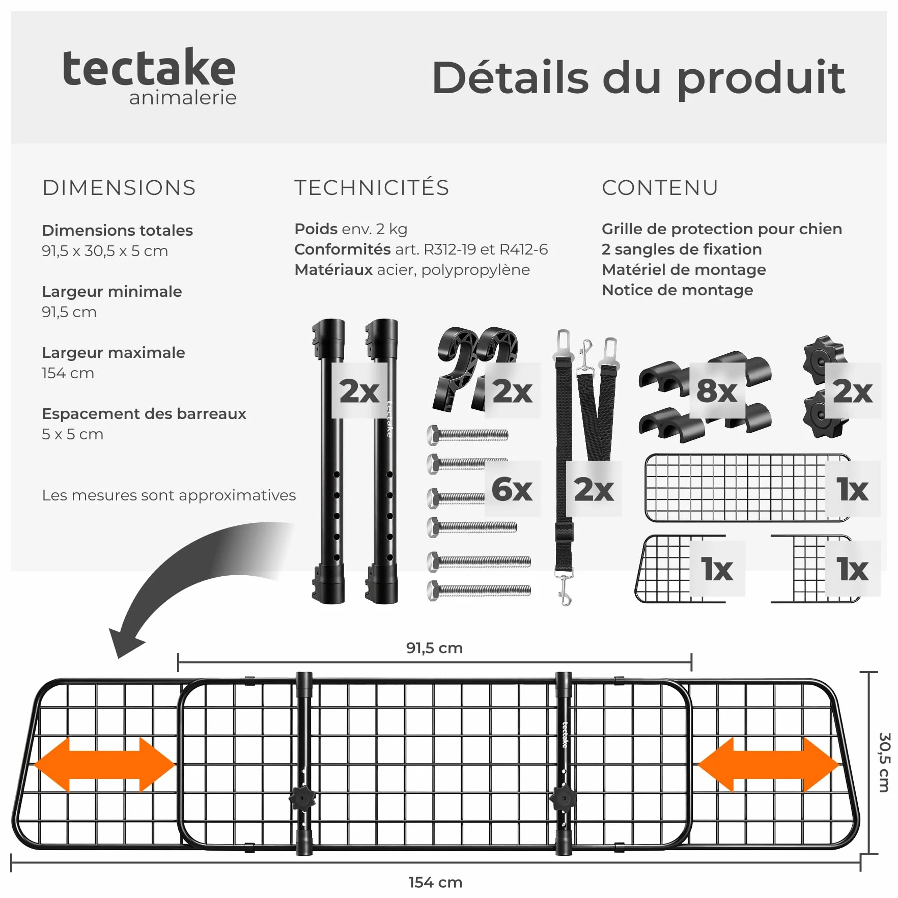 Tectake Barriere de securite Universelle pour Chien Voiture Grille Protection reglable 91,5-154 cm