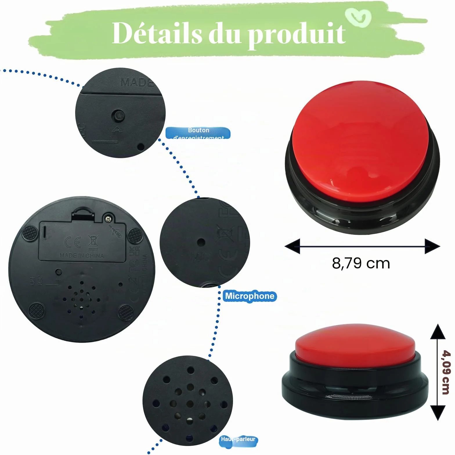 Gelabur 2 pièces Buzzer enregistrable, Buzzer Chien Communication Bouton 30 Secondes d'enregistrement, pour la Formation et Les Jeux pour Animaux de Compagnie