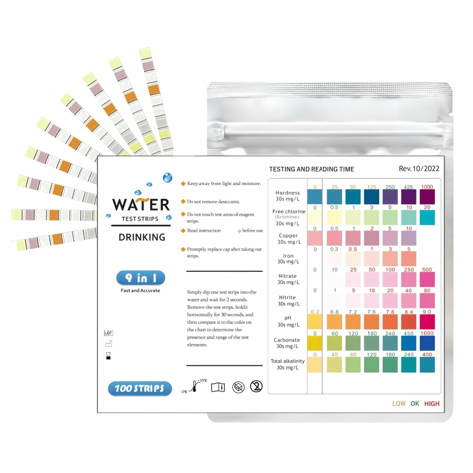 Lot de 100 Bandelettes Test Eau Aquarium 9 en 1, Kit pour Eau Douce et Salée, Test Nitrite Nitrate pH GH KH Chlore Cuivre Fer avec Tube et Thermomètre