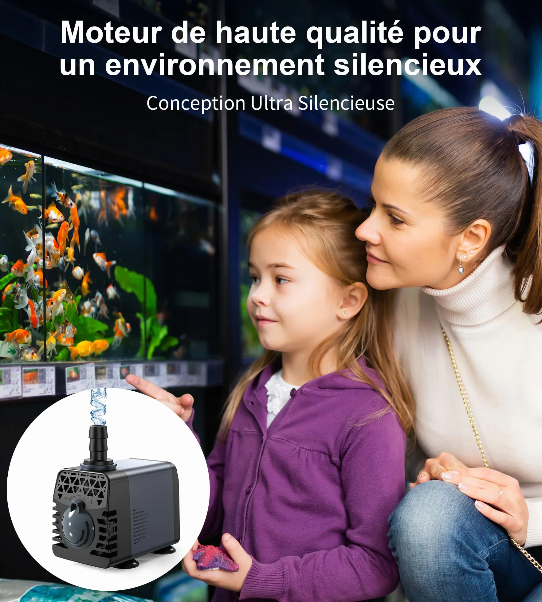 Ankway Pompe à Eau Submersible 10W 600 L/H Aquarium Ultra-Silencieux Ajustable Fontaine avec Câble 1,8 M 2 Buses
