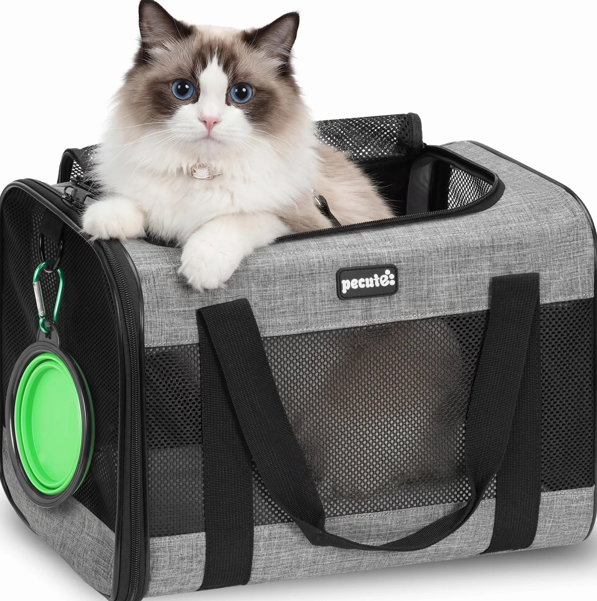 Pecute Sac de Transport pour Chat, Sac à Dos Portable pour Chiens Voyage avec Mangeoire Pliable, Tissu Maille Respirant
