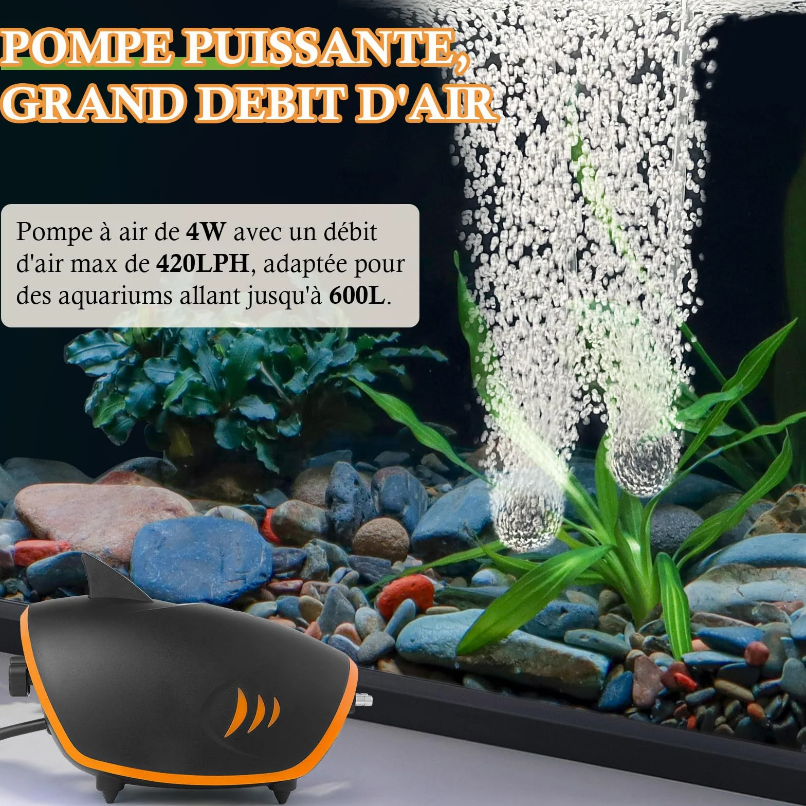 Pompe à Air Puissante pour Aquarium 420L/H 4W 2 Sorties Métalliques avec Lumière LED Réglable 30-600L
